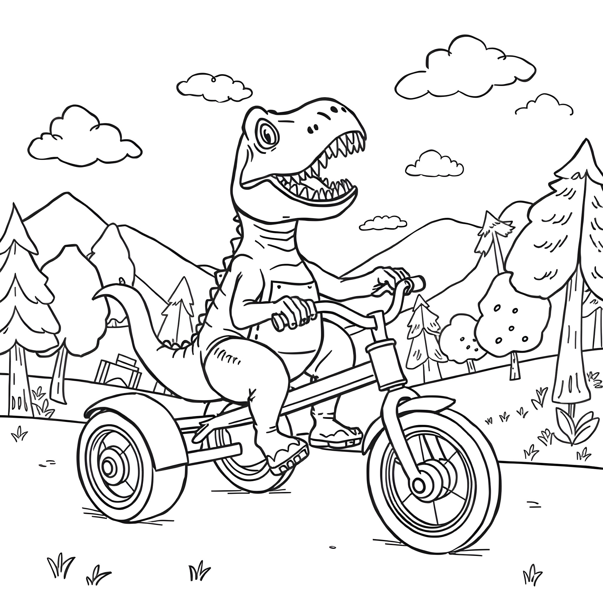 T-Rex riding a tricycle in the mountains Coloring Page (free black-and-white line drawing printable PDF for all, from beginners to advanced learners, including children, teens, adults, and seniors)