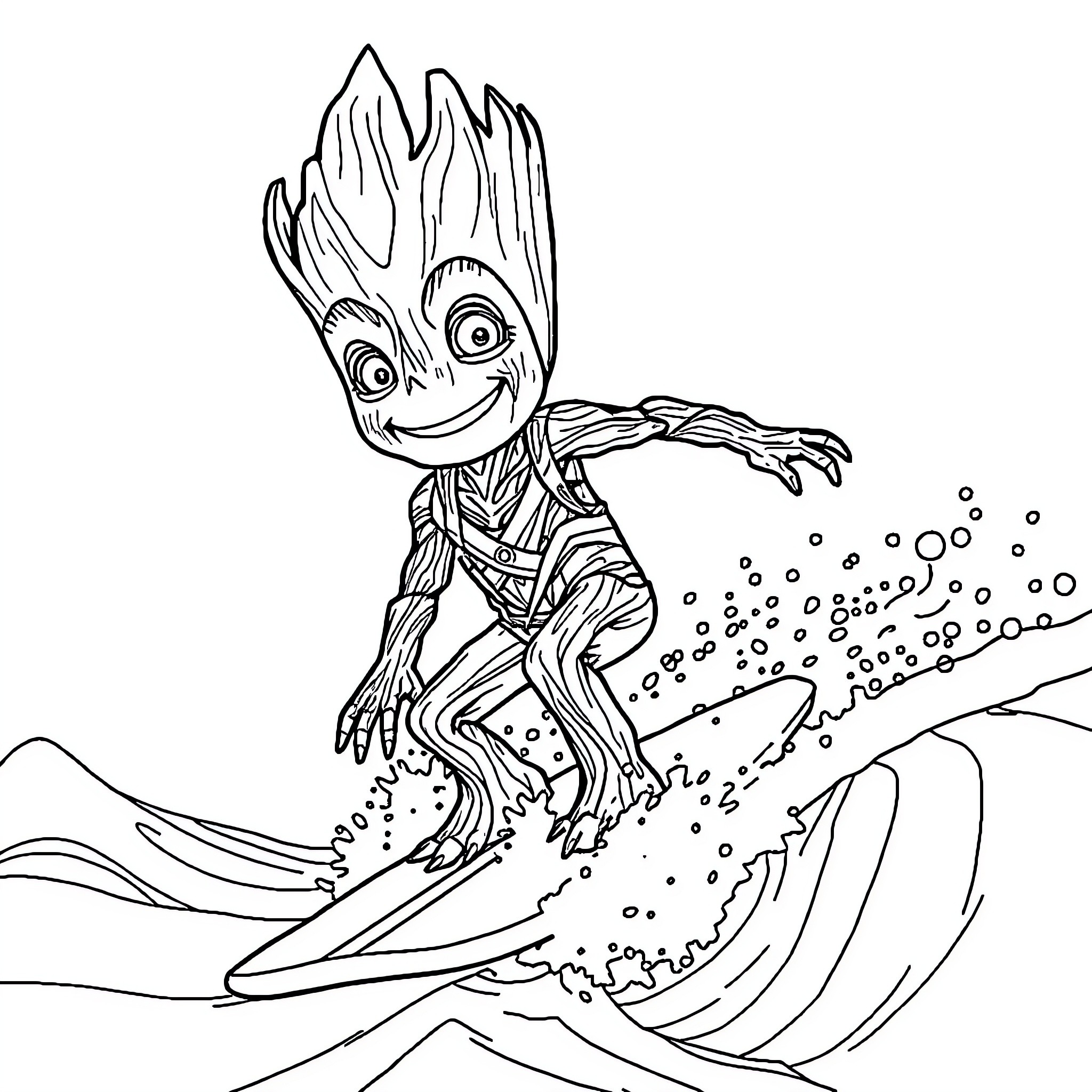 Groot surfing through the waves Coloring Page (free black-and-white line drawing printable PDF for all, from beginners to advanced learners, including children, teens, adults, and seniors)