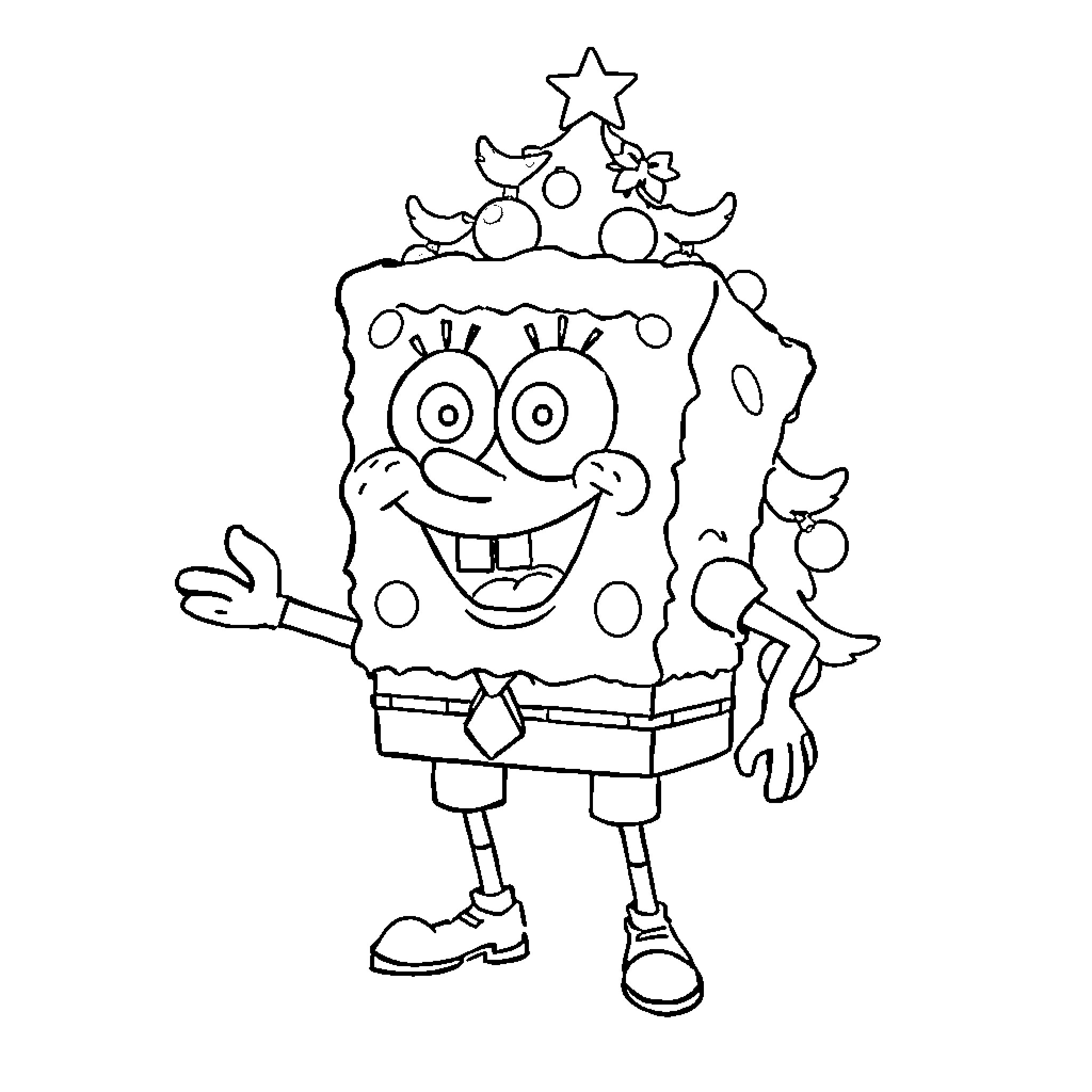 Spongebob decorating Christmas tree with joy Coloring Page (free black-and-white line drawing printable PDF for all, from beginners to advanced learners, including children, teens, adults, and seniors)