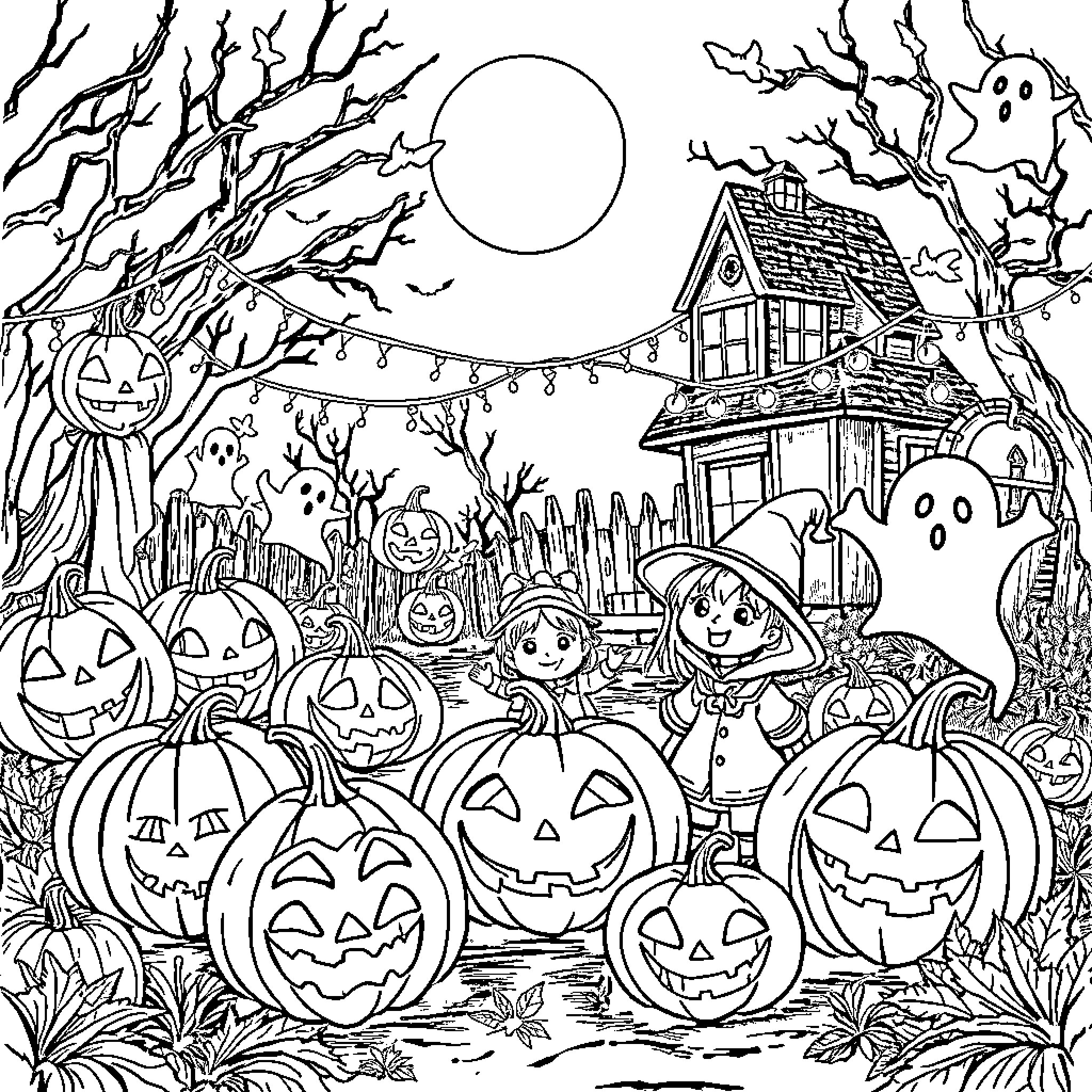 Halloween scene with costumed characters and jack-o'-lanterns Coloring Page (free black-and-white line drawing printable PDF for all, from beginners to advanced learners, including children, teens, adults, and seniors)