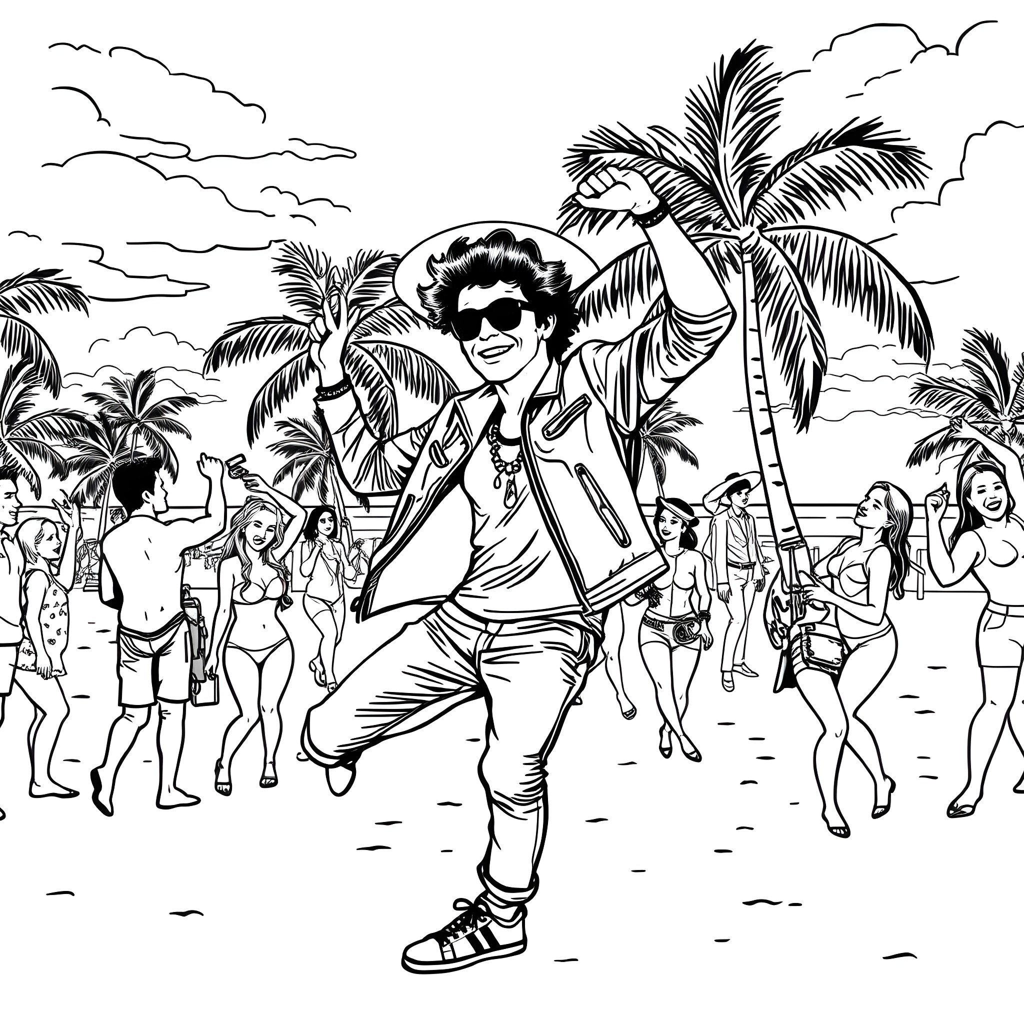 Bruno Mars celebrating at a tropical beach party Coloring Page (free black-and-white line drawing printable PDF for all, from beginners to advanced learners, including children, teens, adults, and seniors)