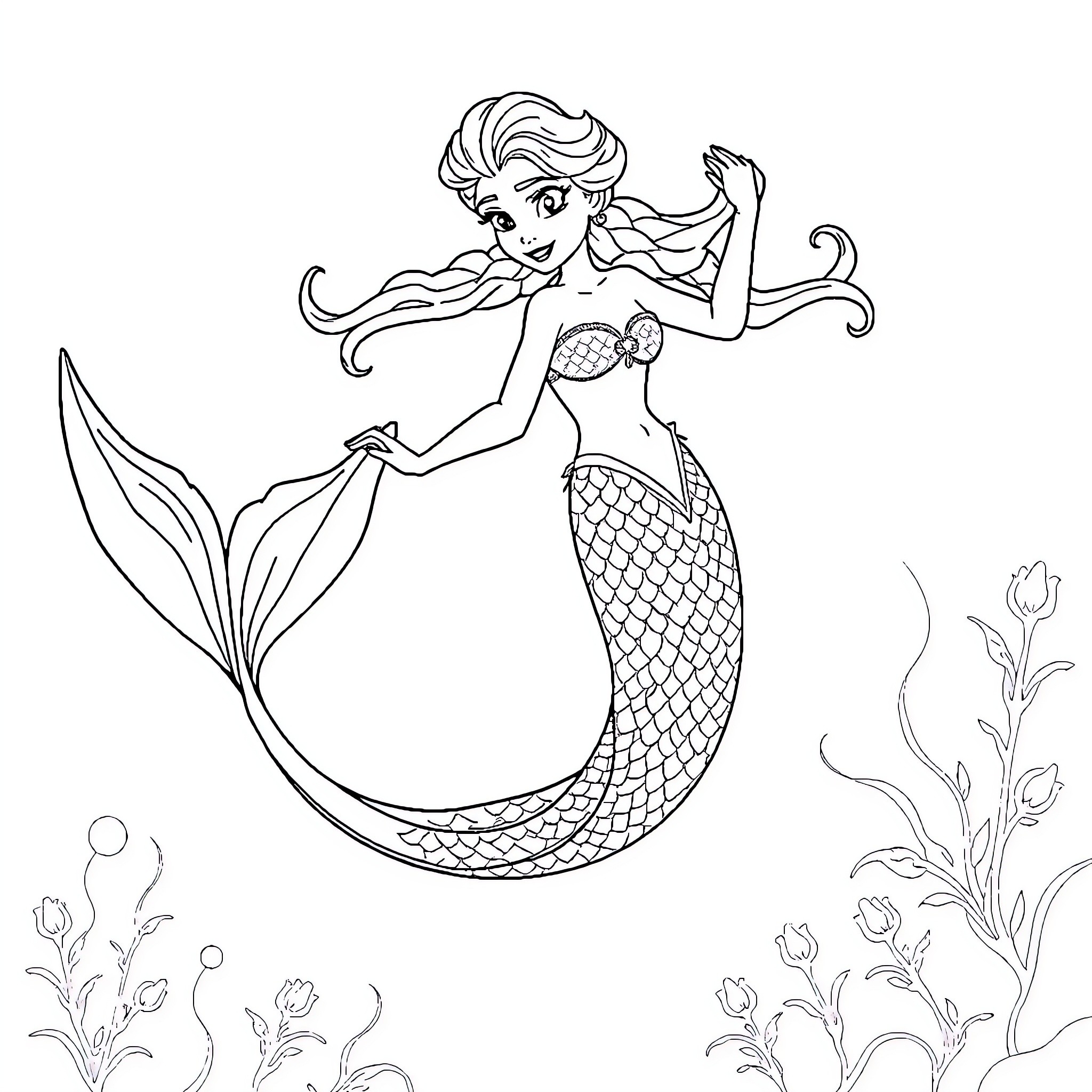 Elsa the Mermaid Swimming Among the Waves Coloring Page (free black-and-white line drawing printable PDF for all, from beginners to advanced learners, including children, teens, adults, and seniors)