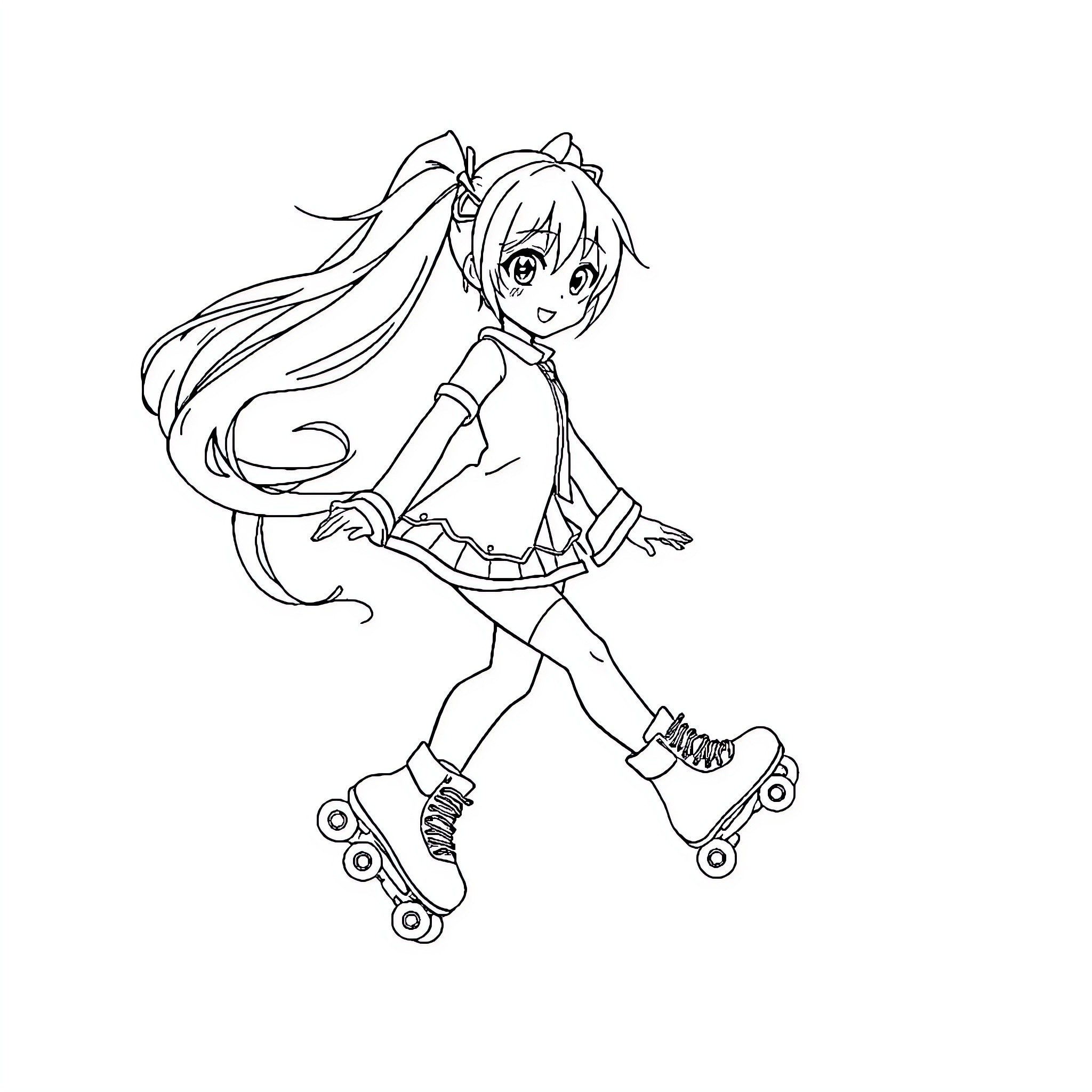 Miku roller skating with long hair Coloring Page (free black-and-white line drawing printable PDF for all, from beginners to advanced learners, including children, teens, adults, and seniors)