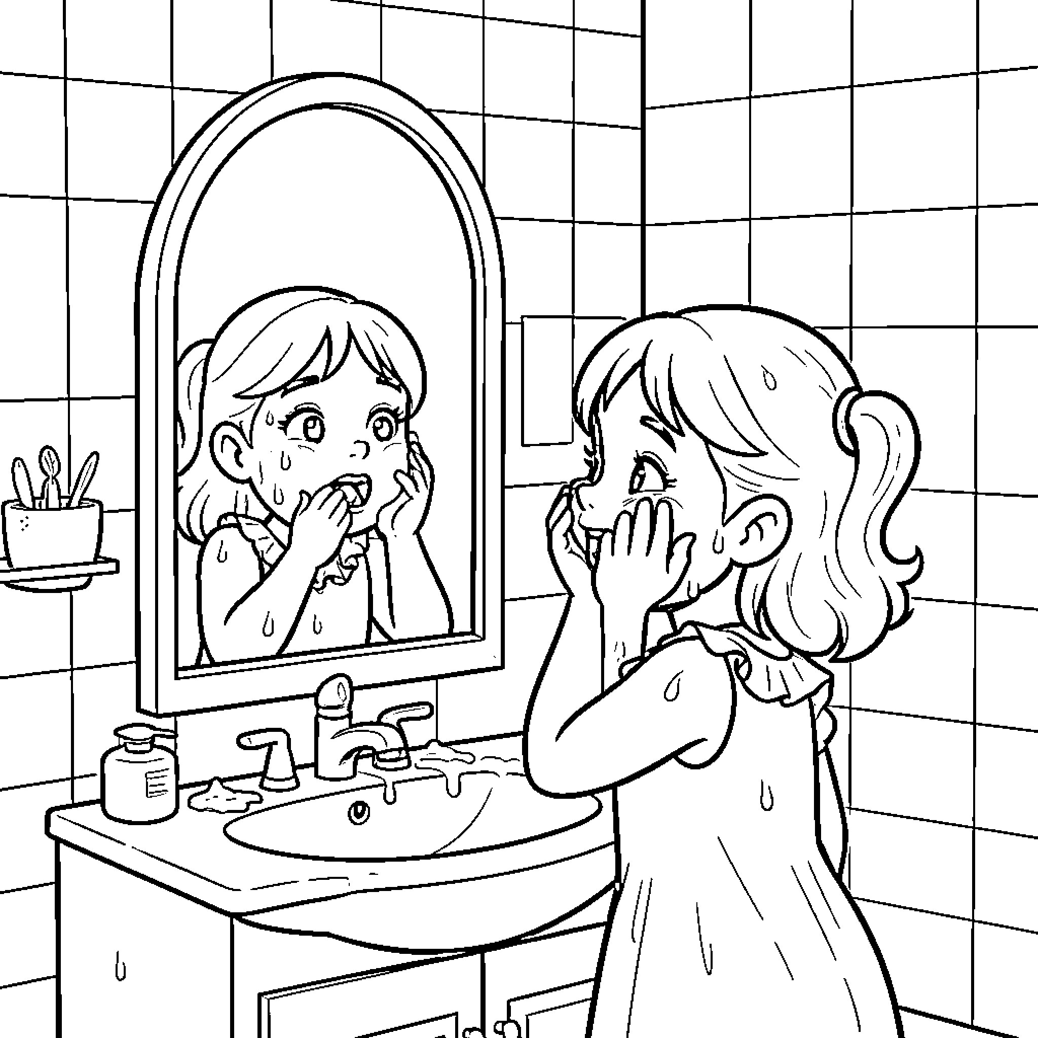 Fille admiring herself in the bathroom mirror Coloring Page (free black-and-white line drawing printable PDF for all, from beginners to advanced learners, including children, teens, adults, and seniors)