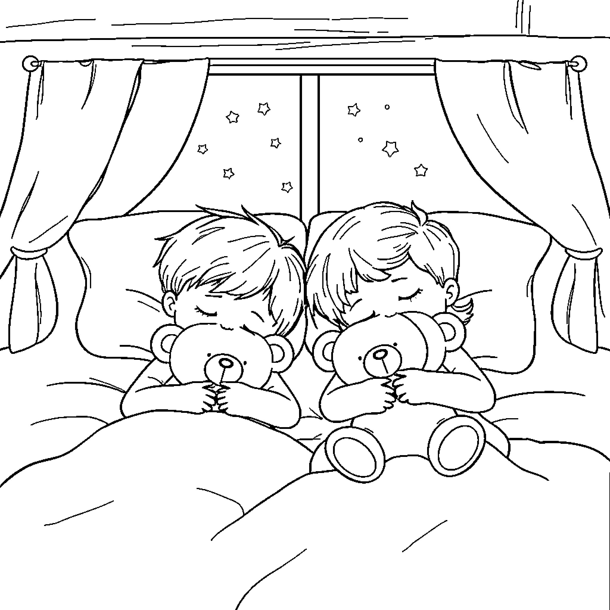 Child sleeping peacefully with stuffed toys Coloring Page (free black-and-white line drawing printable PDF for all, from beginners to advanced learners, including children, teens, adults, and seniors)
