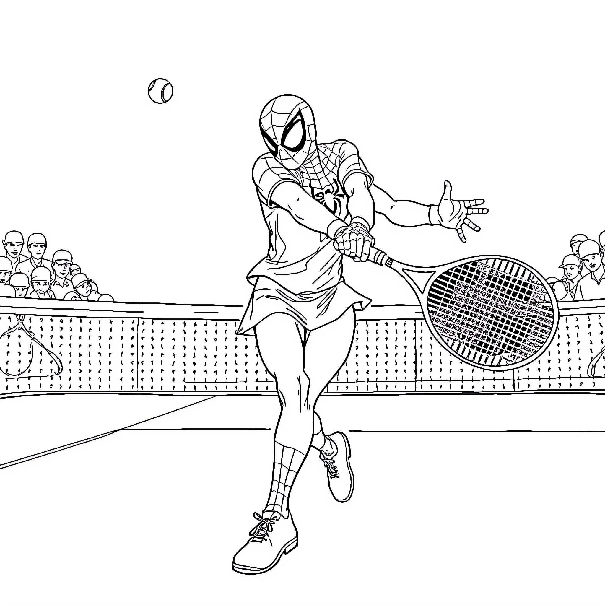Spiderman playing tennis on court with onlookers Coloring Page (free black-and-white line drawing printable PDF for all, from beginners to advanced learners, including children, teens, adults, and seniors)