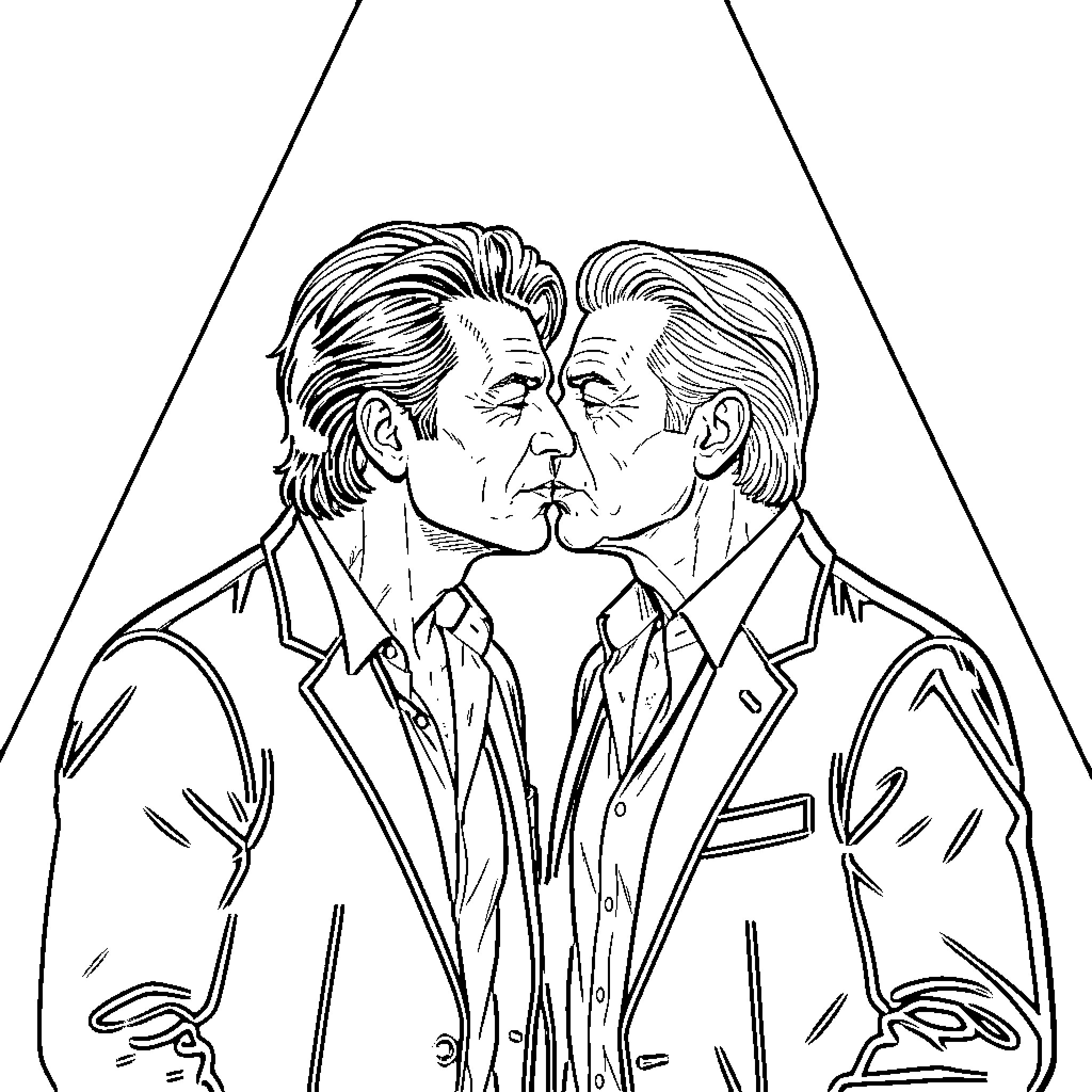 Bon Jovi characters in a tense, intimate moment Coloring Page (free black-and-white line drawing printable PDF for all, from beginners to advanced learners, including children, teens, adults, and seniors)