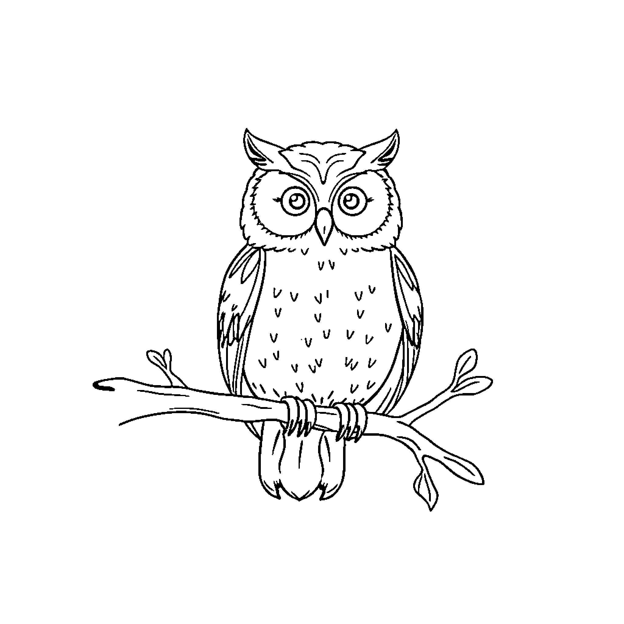 Owl perched on a branch Coloring Page (free black-and-white line drawing printable PDF for all, from beginners to advanced learners, including children, teens, adults, and seniors)