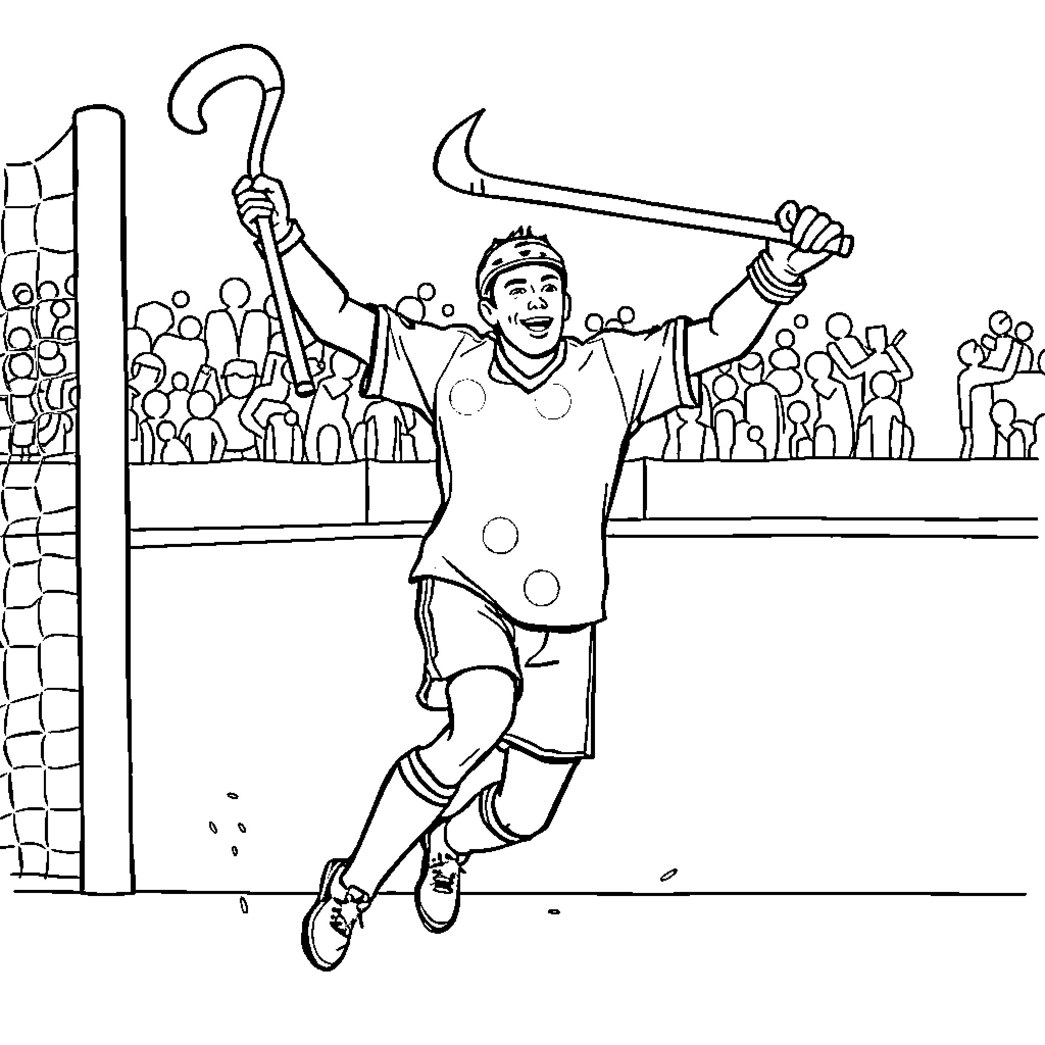 Hurler celebrates victory in field hockey match Coloring Page (free black-and-white line drawing printable PDF for all, from beginners to advanced learners, including children, teens, adults, and seniors)