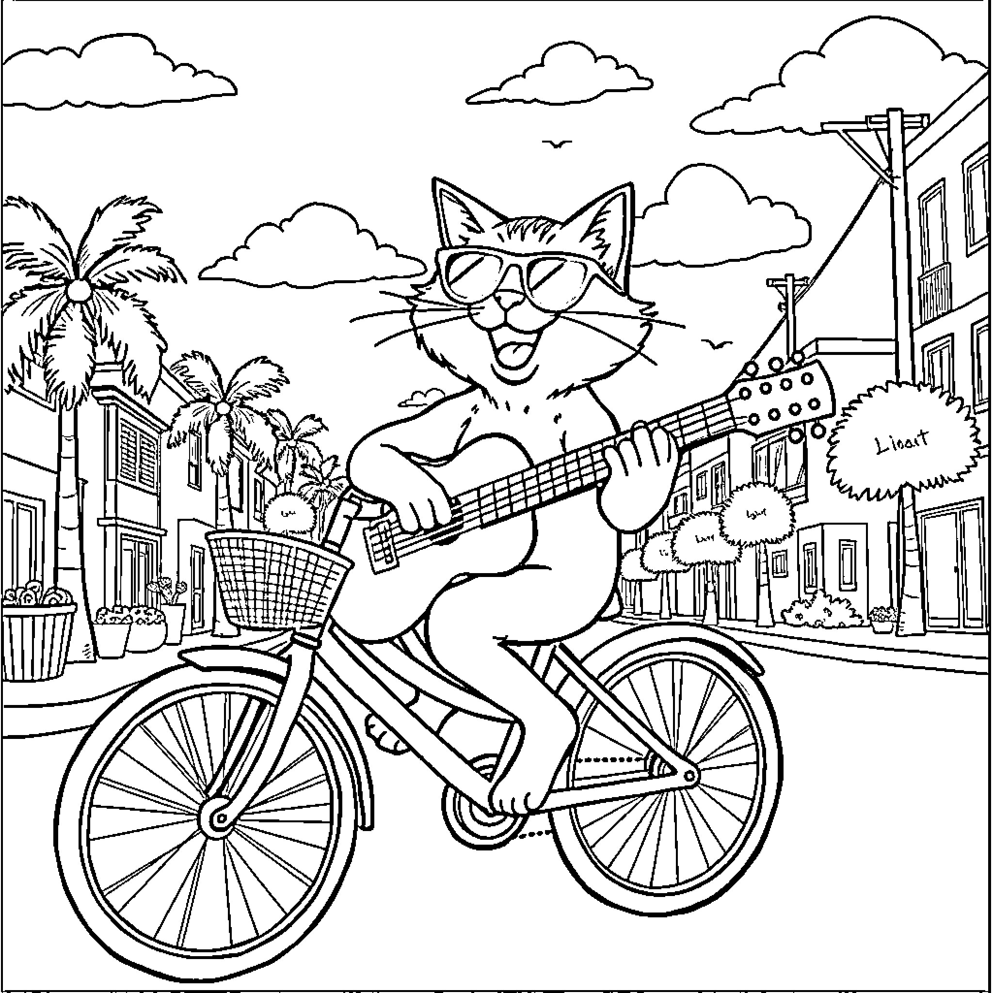Cat riding bicycle in a coastal town Coloring Page (free black-and-white line drawing printable PDF for all, from beginners to advanced learners, including children, teens, adults, and seniors)