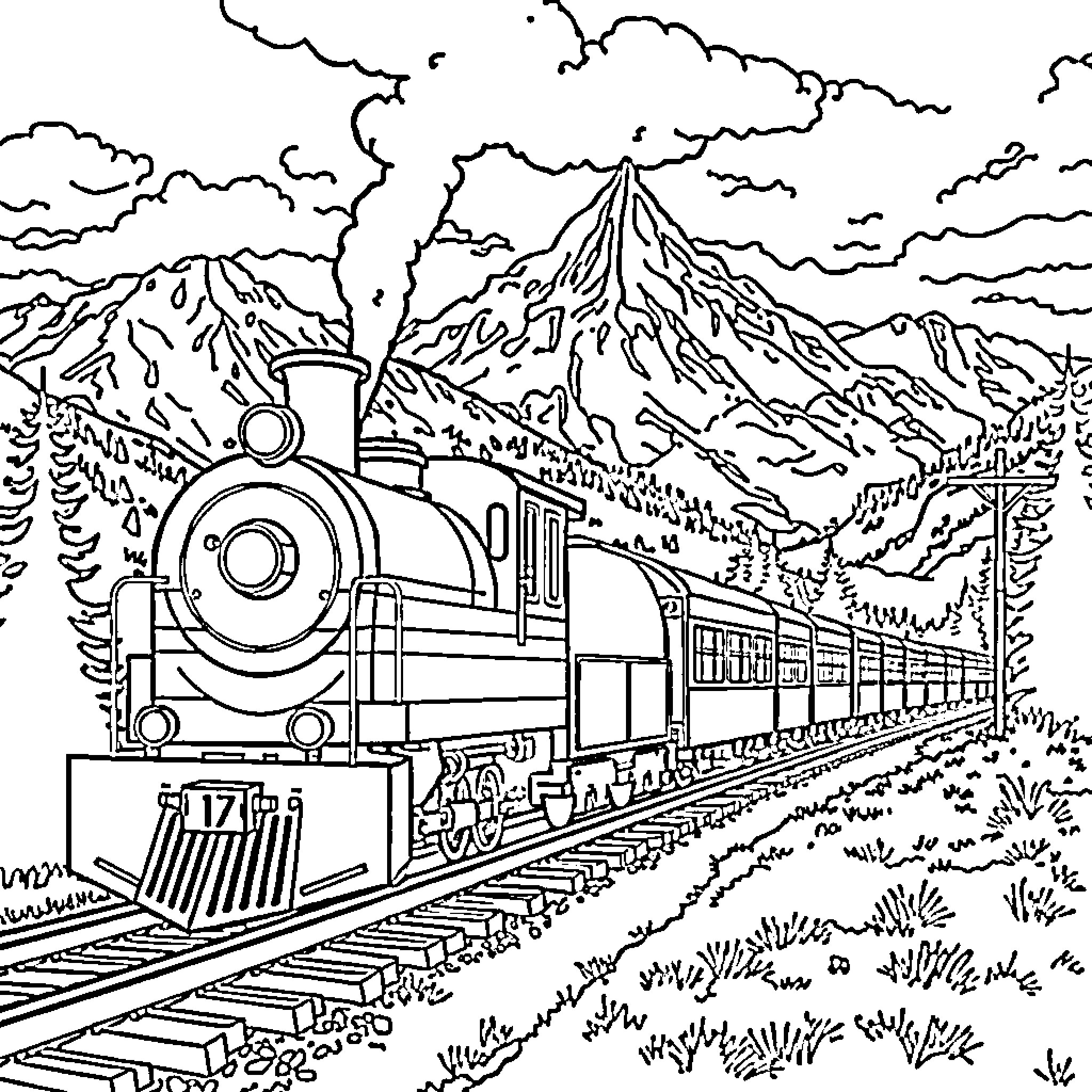 Train crossing majestic mountains through clouds Coloring Page (free black-and-white line drawing printable PDF for all, from beginners to advanced learners, including children, teens, adults, and seniors)