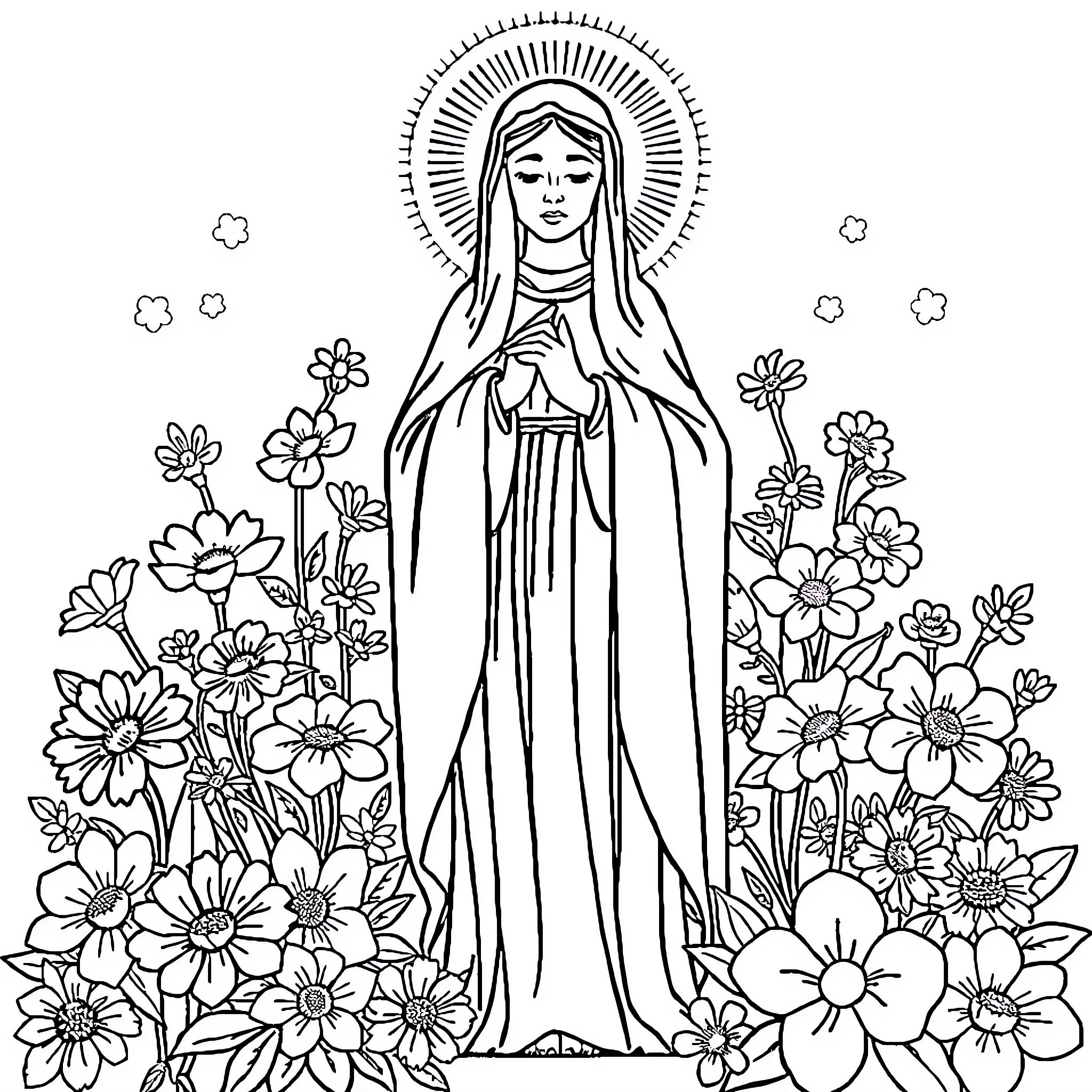 Sainte Thérèse standing among vibrant floral blooms Coloring Page (free black-and-white line drawing printable PDF for all, from beginners to advanced learners, including children, teens, adults, and seniors)