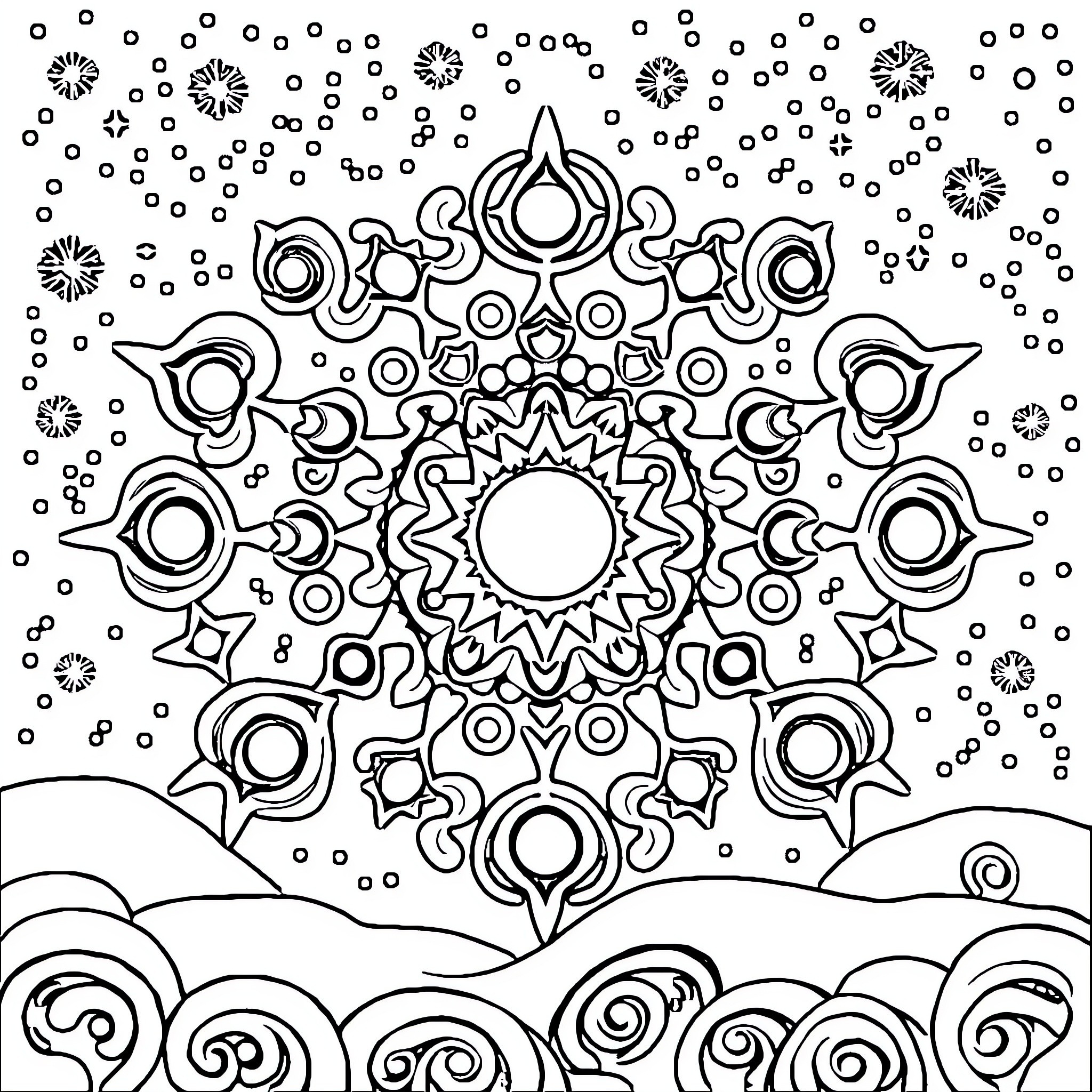 Matariki's Celestial Mandala Coloring Page (free black-and-white line drawing printable PDF for all, from beginners to advanced learners, including children, teens, adults, and seniors)