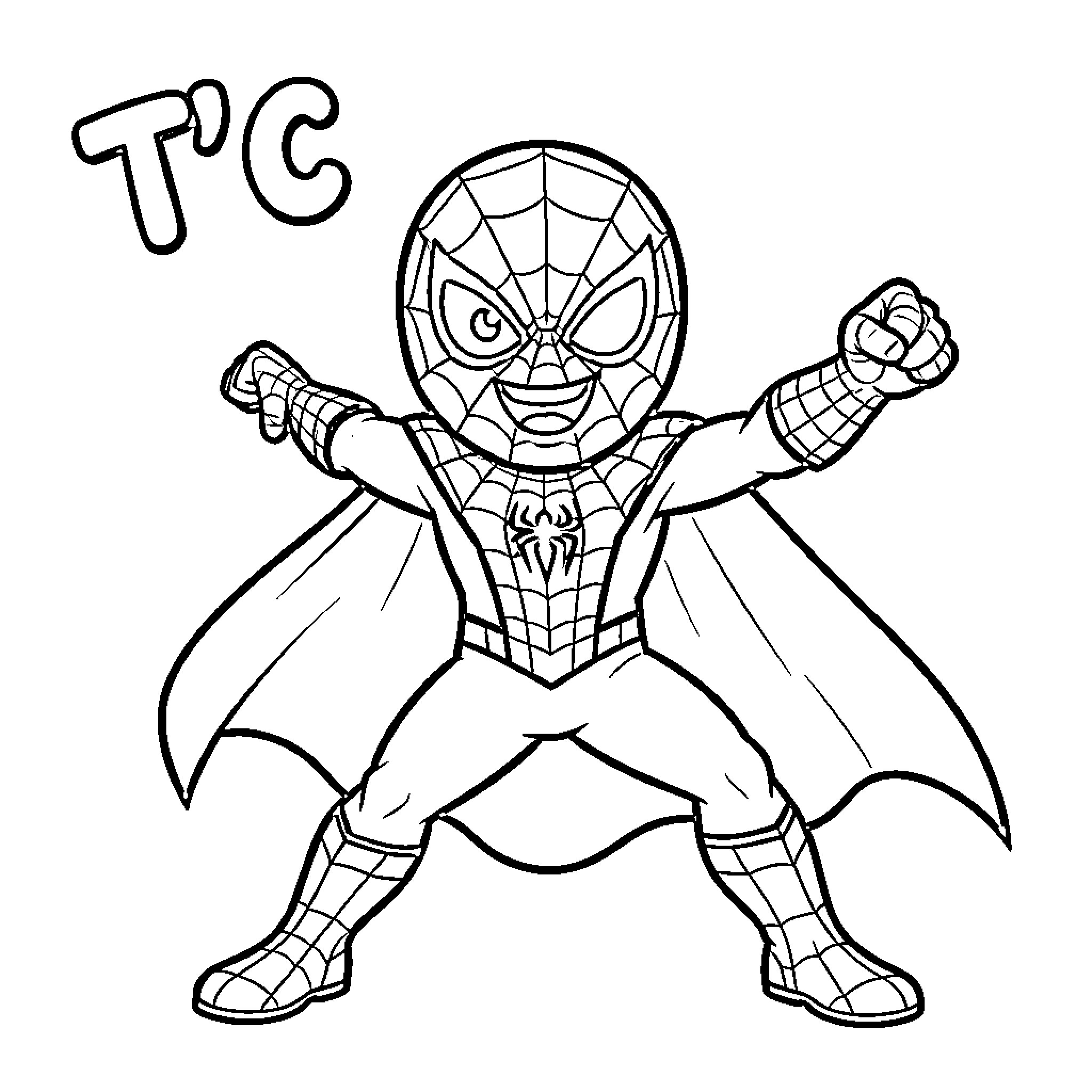 Tchoupi as the Amazing Spider-Man Coloring Page (free black-and-white line drawing printable PDF for all, from beginners to advanced learners, including children, teens, adults, and seniors)