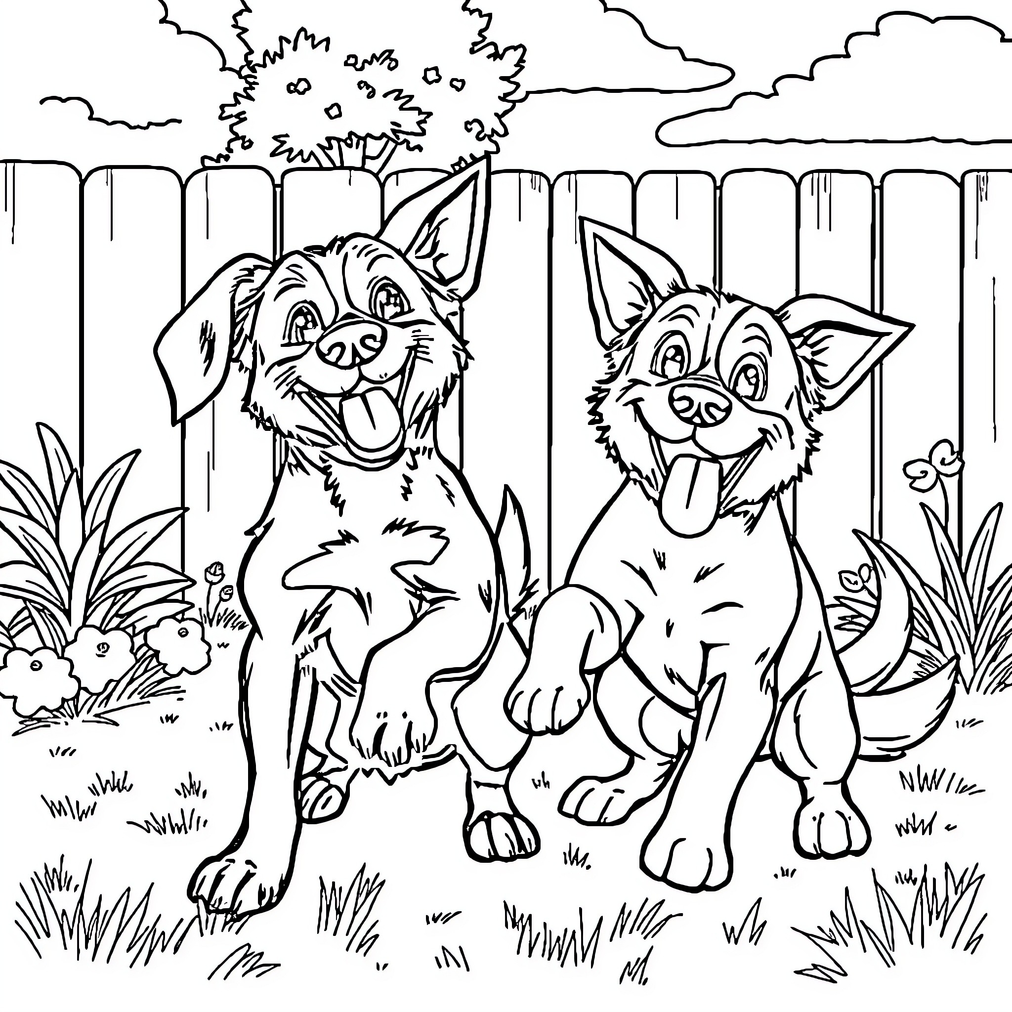 Bluey's Playful Companions in the Backyard Coloring Page (free black-and-white line drawing printable PDF for all, from beginners to advanced learners, including children, teens, adults, and seniors)