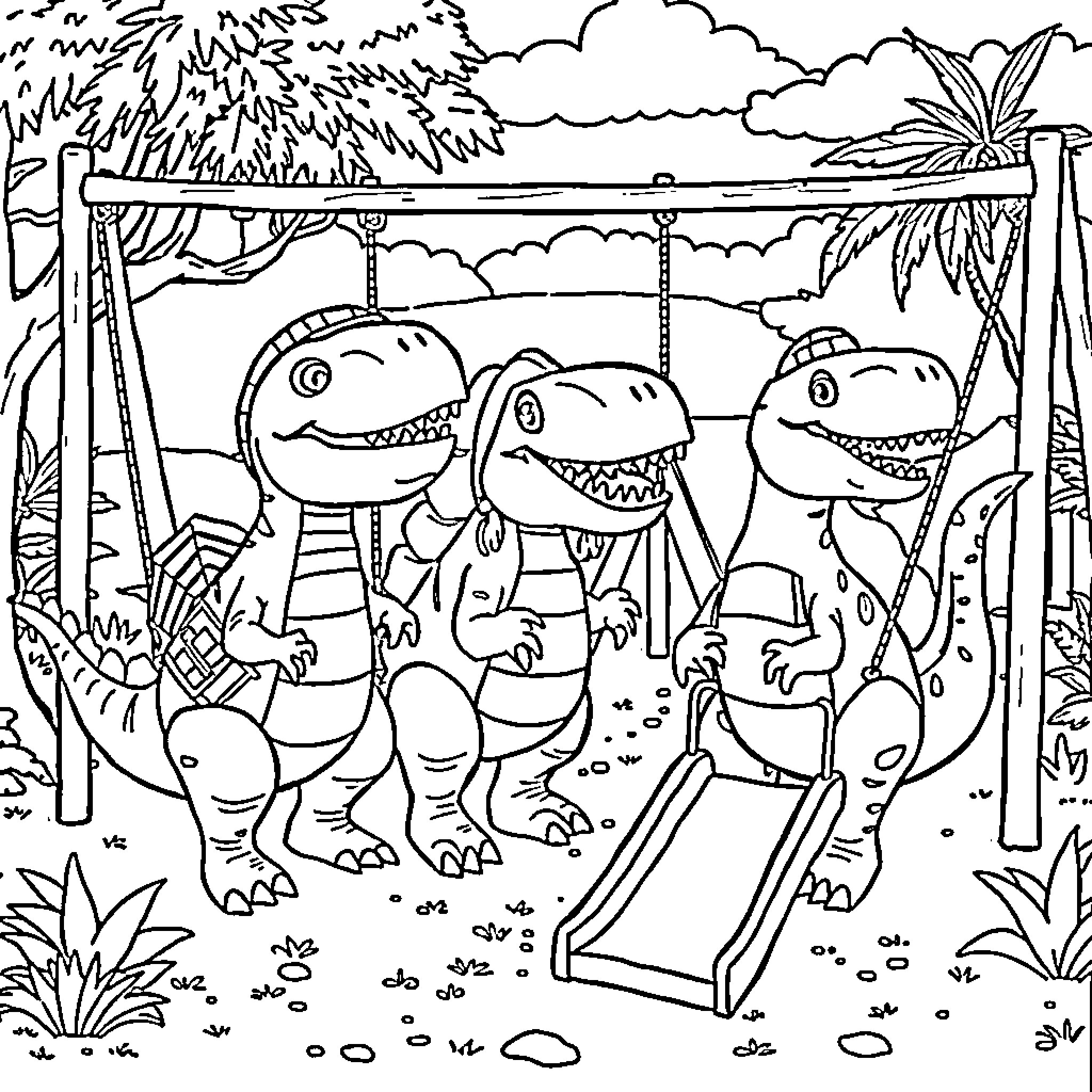 Dinosaurs playing happily on the playground Coloring Page (free black-and-white line drawing printable PDF for all, from beginners to advanced learners, including children, teens, adults, and seniors)