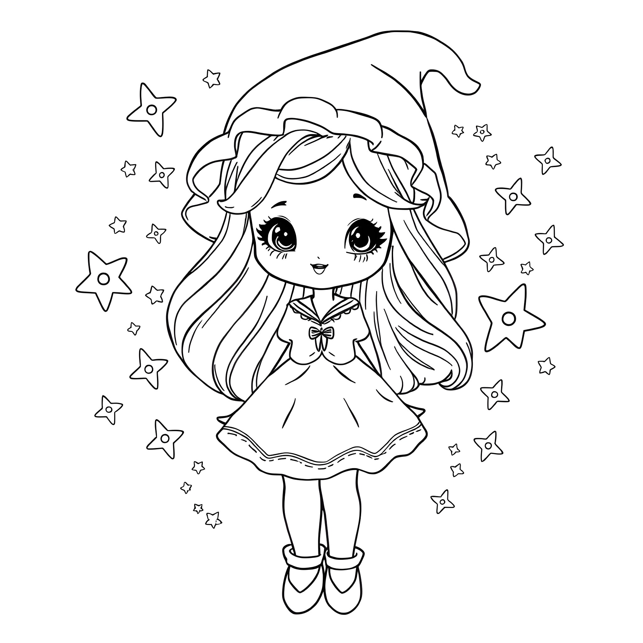 Disney Wimple Magical Girl in Sparkling Stars Coloring Page (free black-and-white line drawing printable PDF for all, from beginners to advanced learners, including children, teens, adults, and seniors)