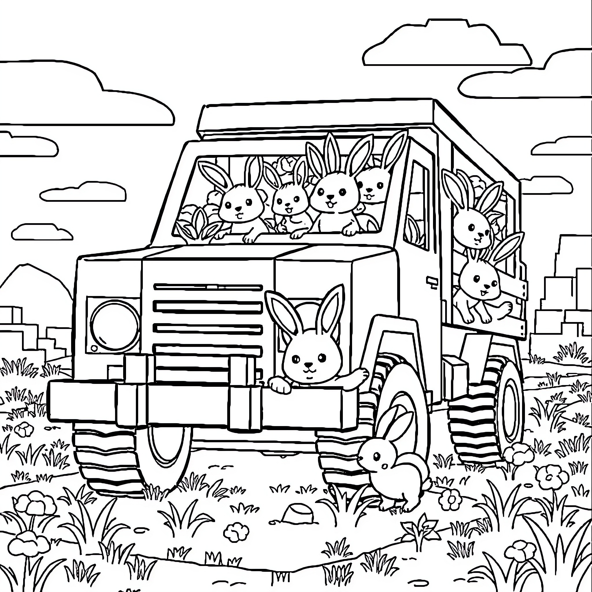 Truck Transporting Playful Bunnies in the Countryside Coloring Page (free black-and-white line drawing printable PDF for all, from beginners to advanced learners, including children, teens, adults, and seniors)