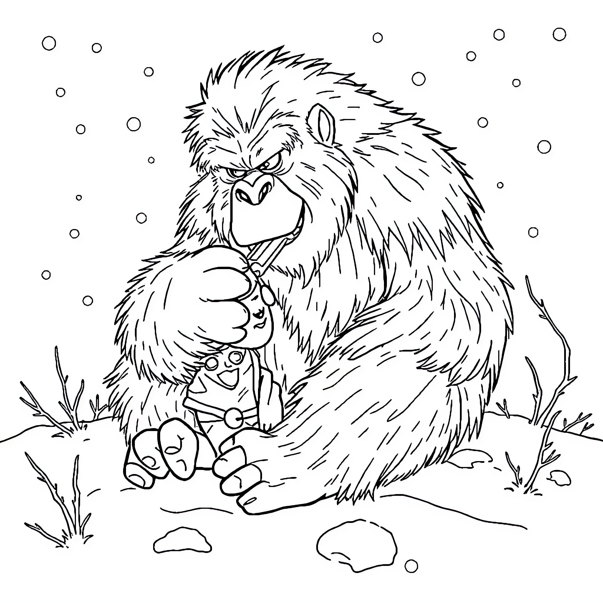 Yeti throwing a snowball in the winter Coloring Page (free black-and-white line drawing printable PDF for all, from beginners to advanced learners, including children, teens, adults, and seniors)