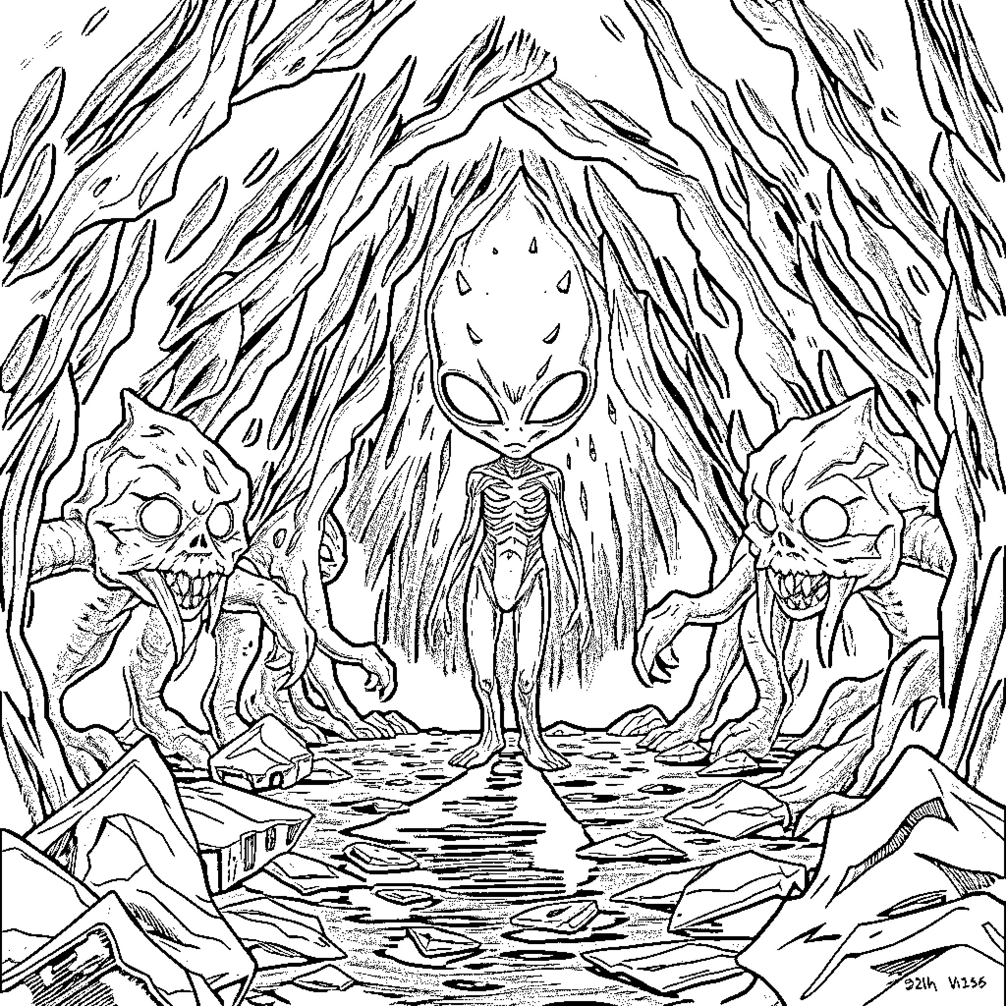 Alien Encounter in Otherworldly Landscape Coloring Page (free black-and-white line drawing printable PDF for all, from beginners to advanced learners, including children, teens, adults, and seniors)