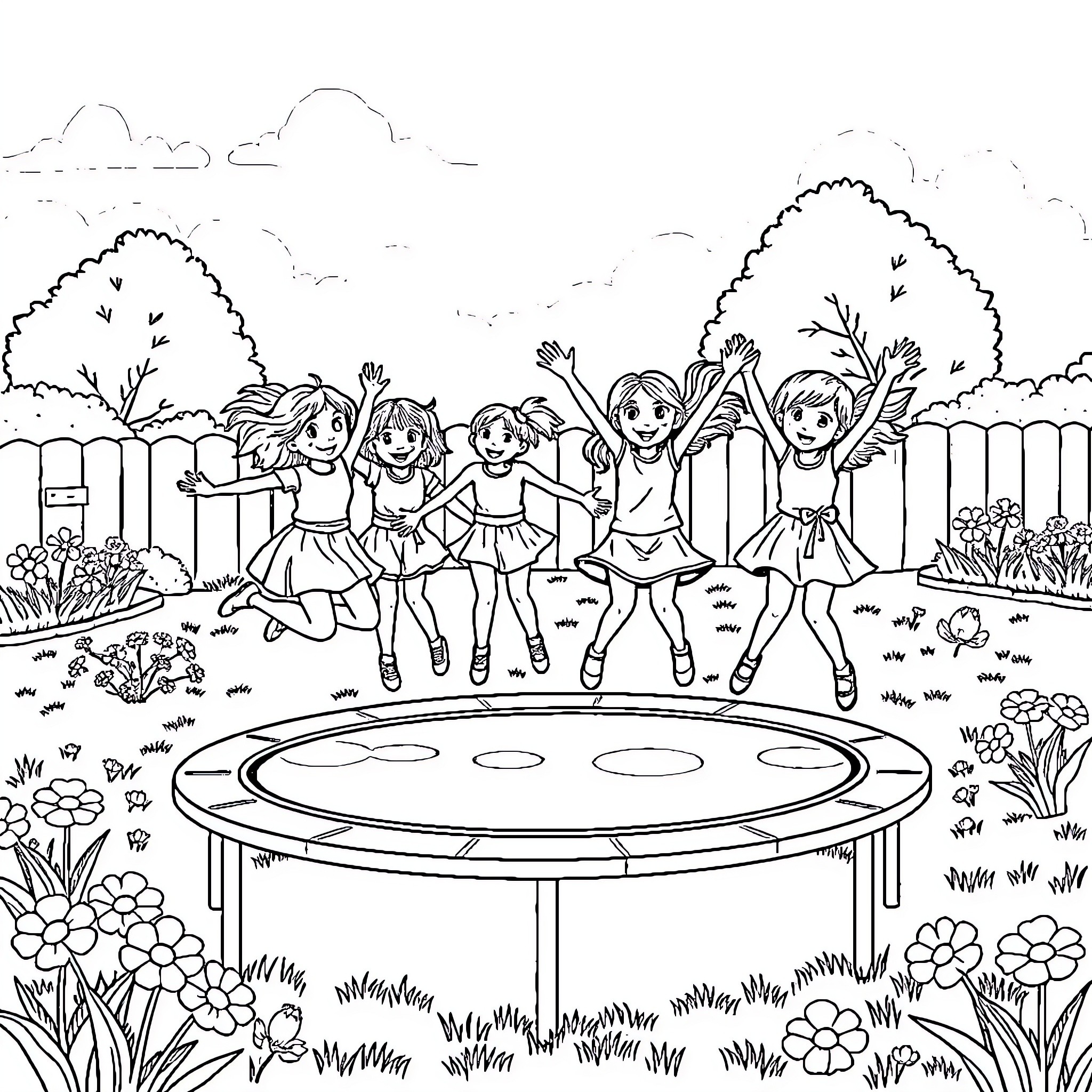 Girls playing joyfully on trampoline in garden Coloring Page (free black-and-white line drawing printable PDF for all, from beginners to advanced learners, including children, teens, adults, and seniors)