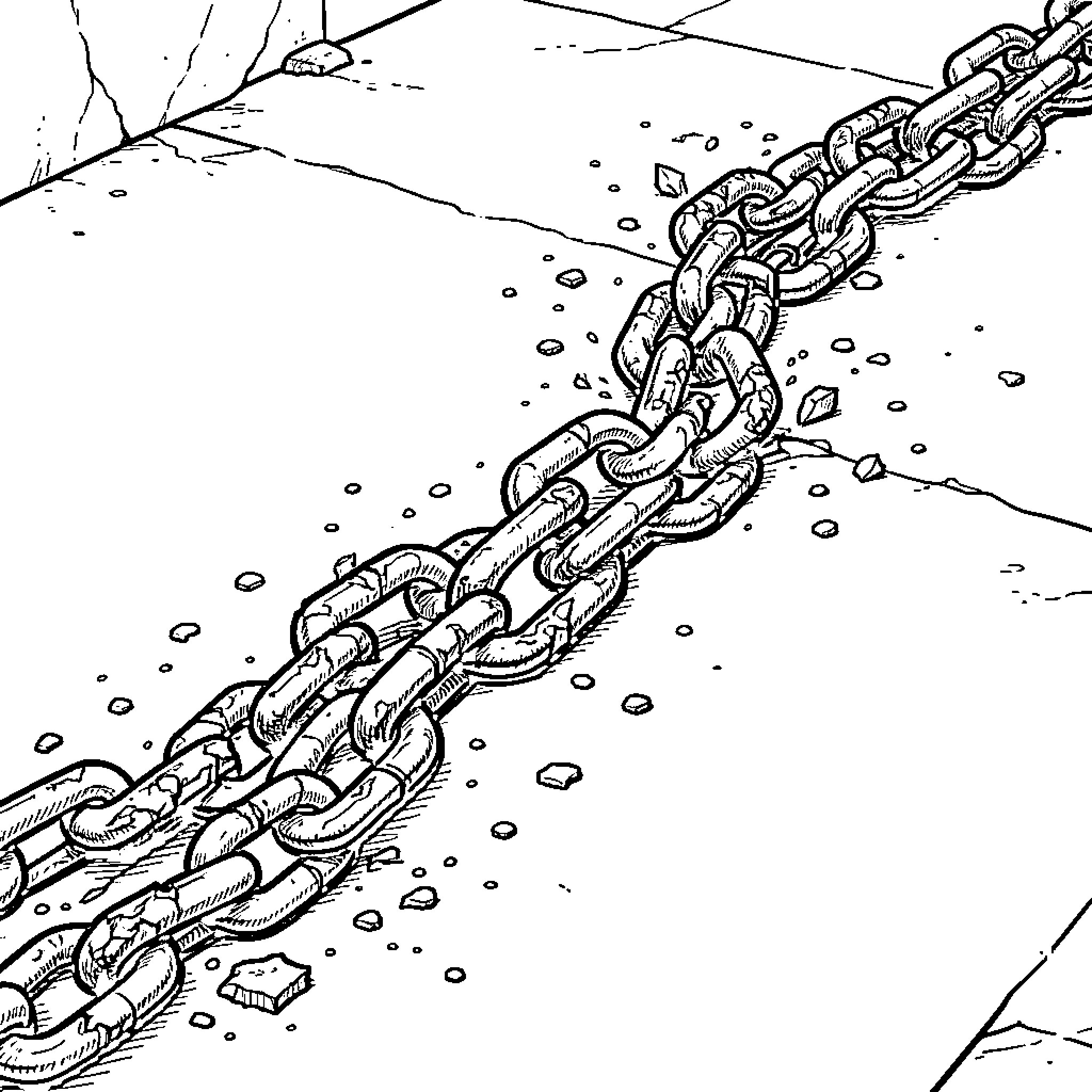 Broken Chains lying on a cracked stone floor Coloring Page (free black-and-white line drawing printable PDF for all, from beginners to advanced learners, including children, teens, adults, and seniors)