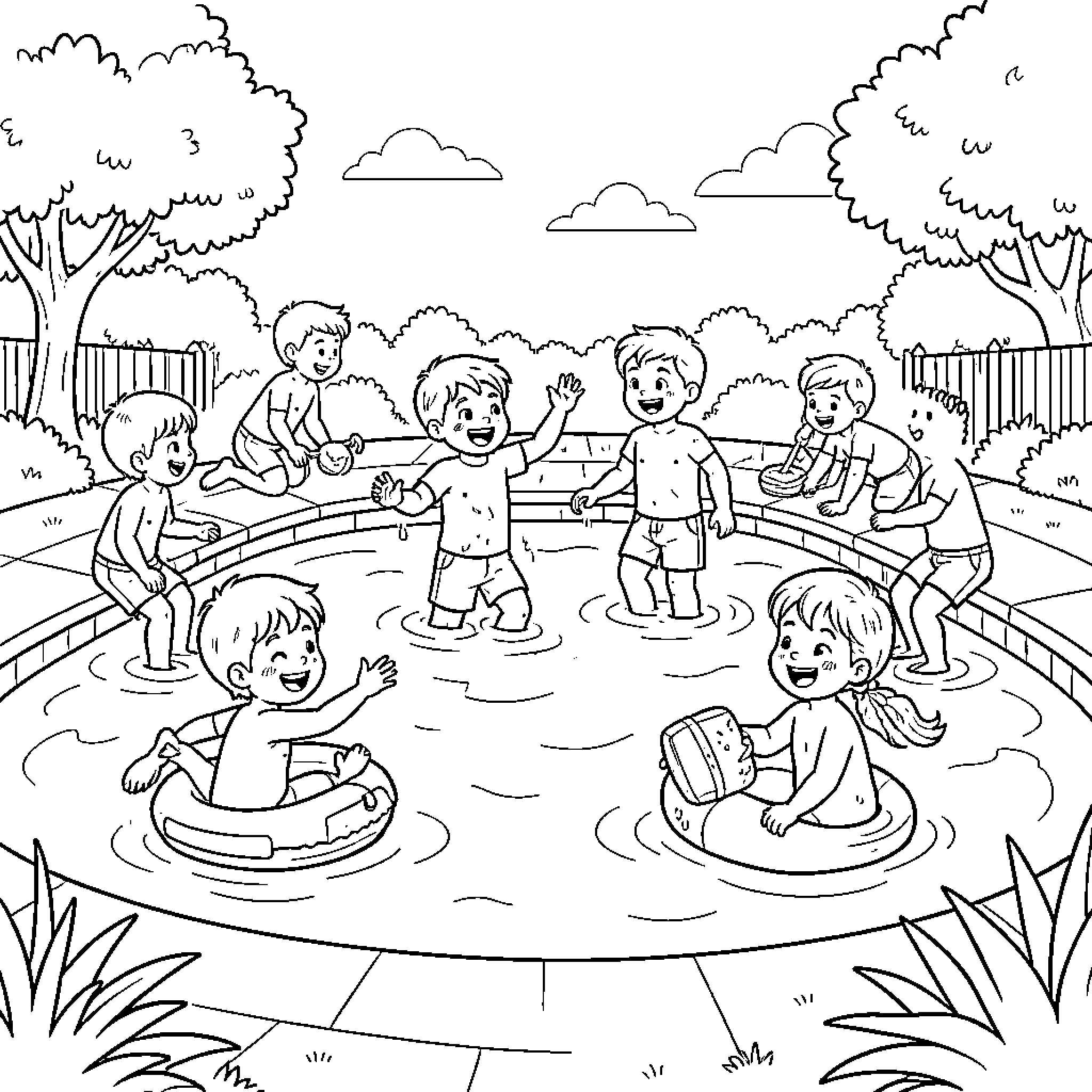 Child playing joyfully in a swimming pool Coloring Page (free black-and-white line drawing printable PDF for all, from beginners to advanced learners, including children, teens, adults, and seniors)
