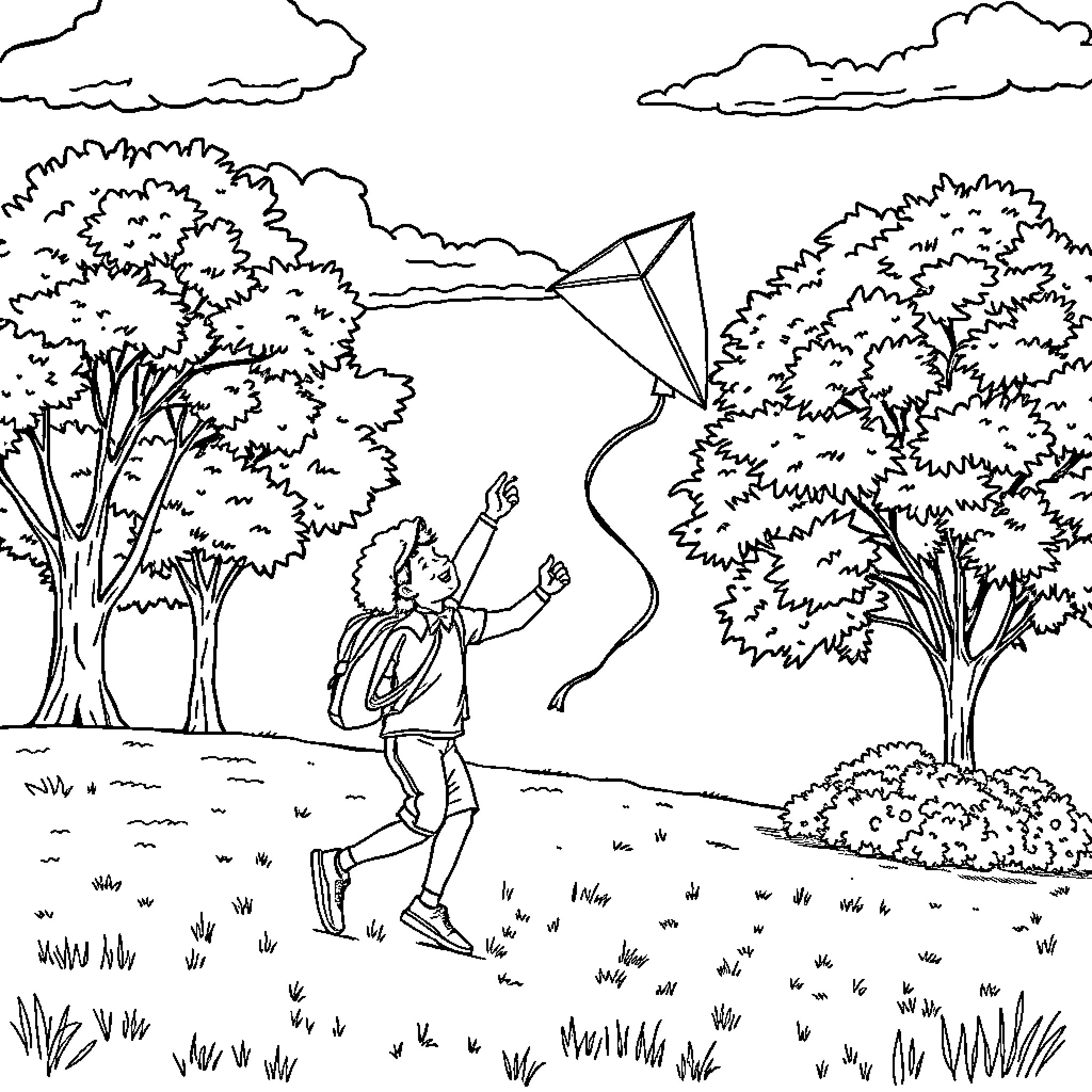 Kite flying in the park on a cloudy day Coloring Page (free black-and-white line drawing printable PDF for all, from beginners to advanced learners, including children, teens, adults, and seniors)