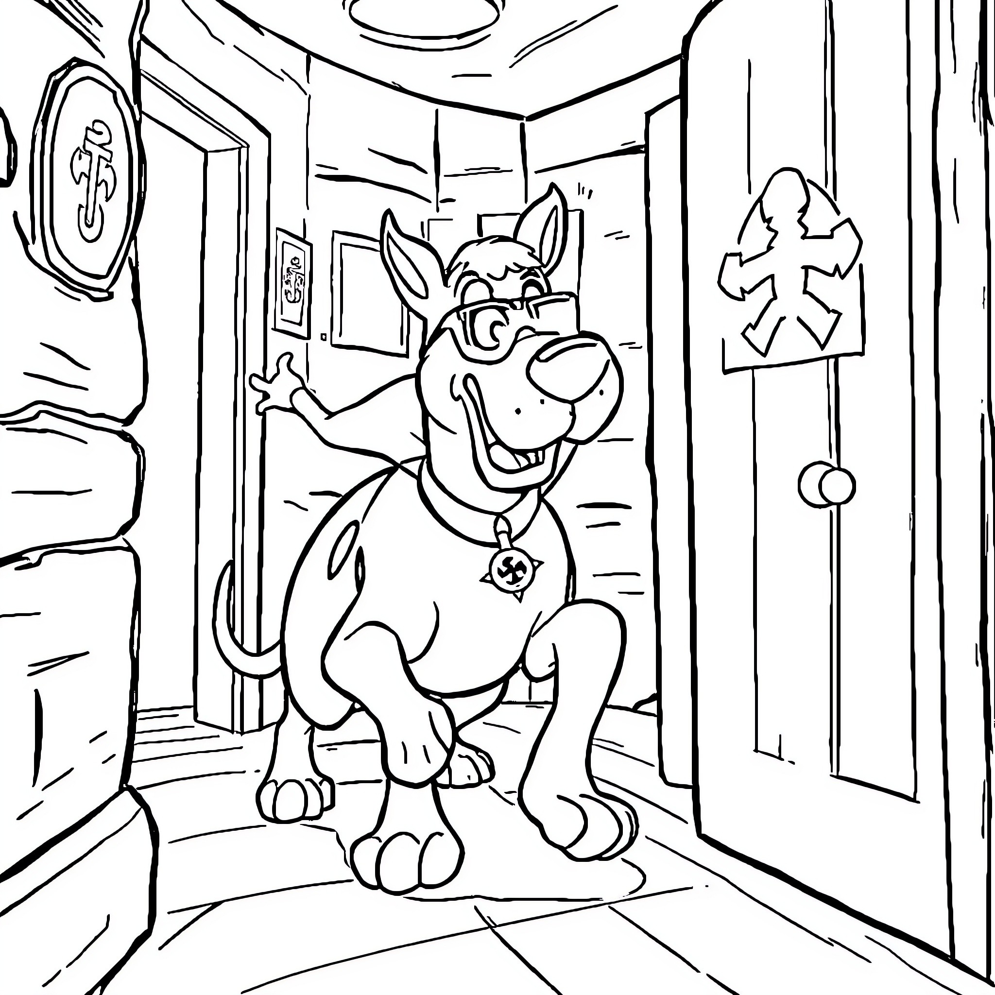 Scooby Doo in a Spooky Hallway Coloring Page (free black-and-white line drawing printable PDF for all, from beginners to advanced learners, including children, teens, adults, and seniors)