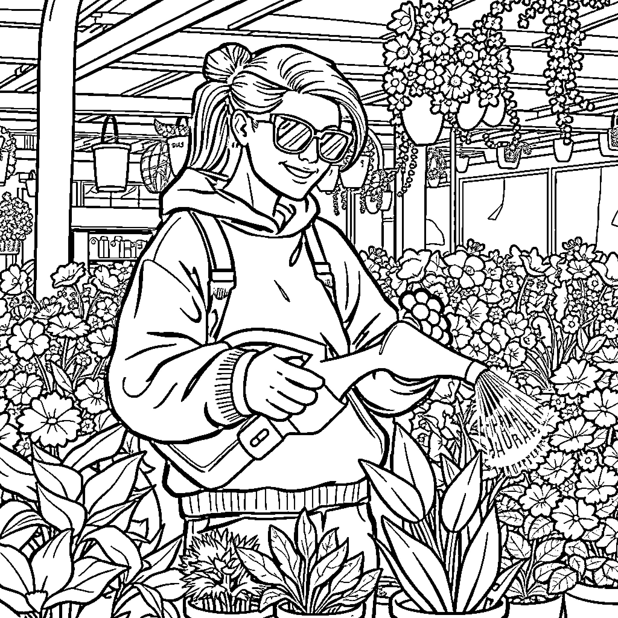 Gardener caring for vibrant garden filled with blooms Coloring Page (free black-and-white line drawing printable PDF for all, from beginners to advanced learners, including children, teens, adults, and seniors)