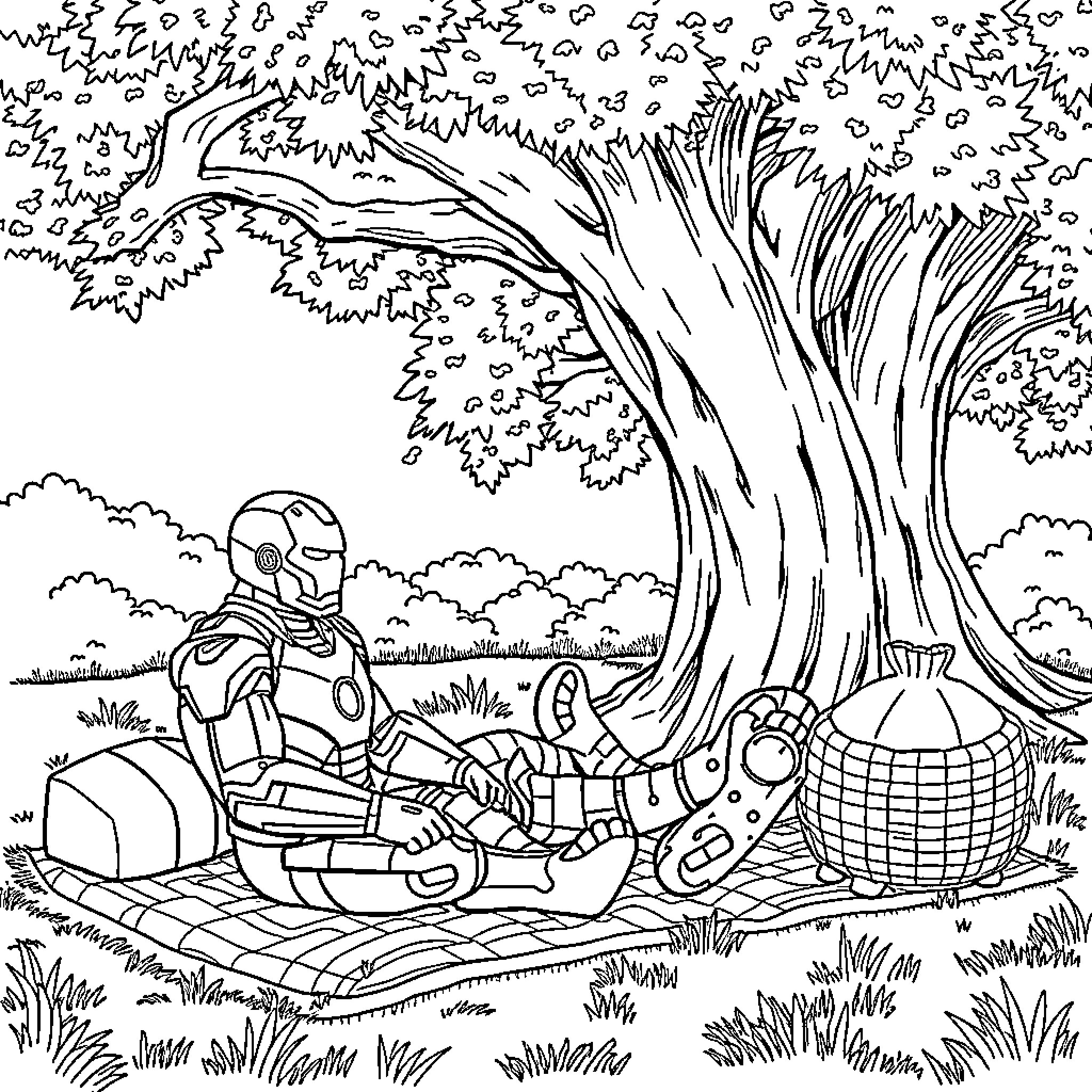 Ironman relaxing in the park with picnic basket Coloring Page (free black-and-white line drawing printable PDF for all, from beginners to advanced learners, including children, teens, adults, and seniors)