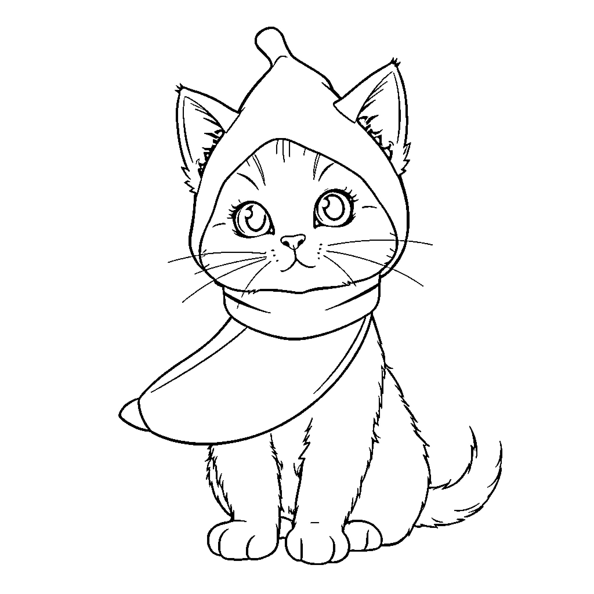Banana Cat wearing a scarf and sitting Coloring Page (free black-and-white line drawing printable PDF for all, from beginners to advanced learners, including children, teens, adults, and seniors)
