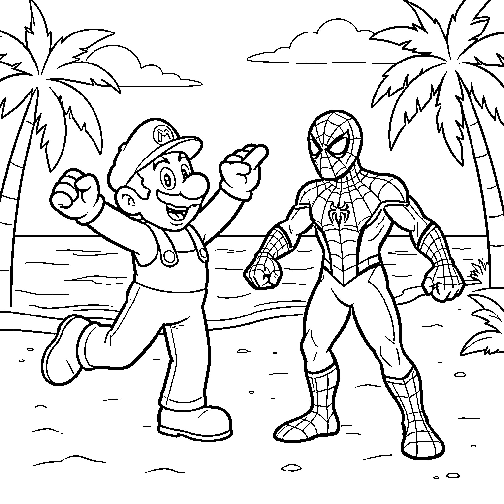 Mario dancing joyfully next to Spider-Man on a beach Coloring Page (free black-and-white line drawing printable PDF for all, from beginners to advanced learners, including children, teens, adults, and seniors)