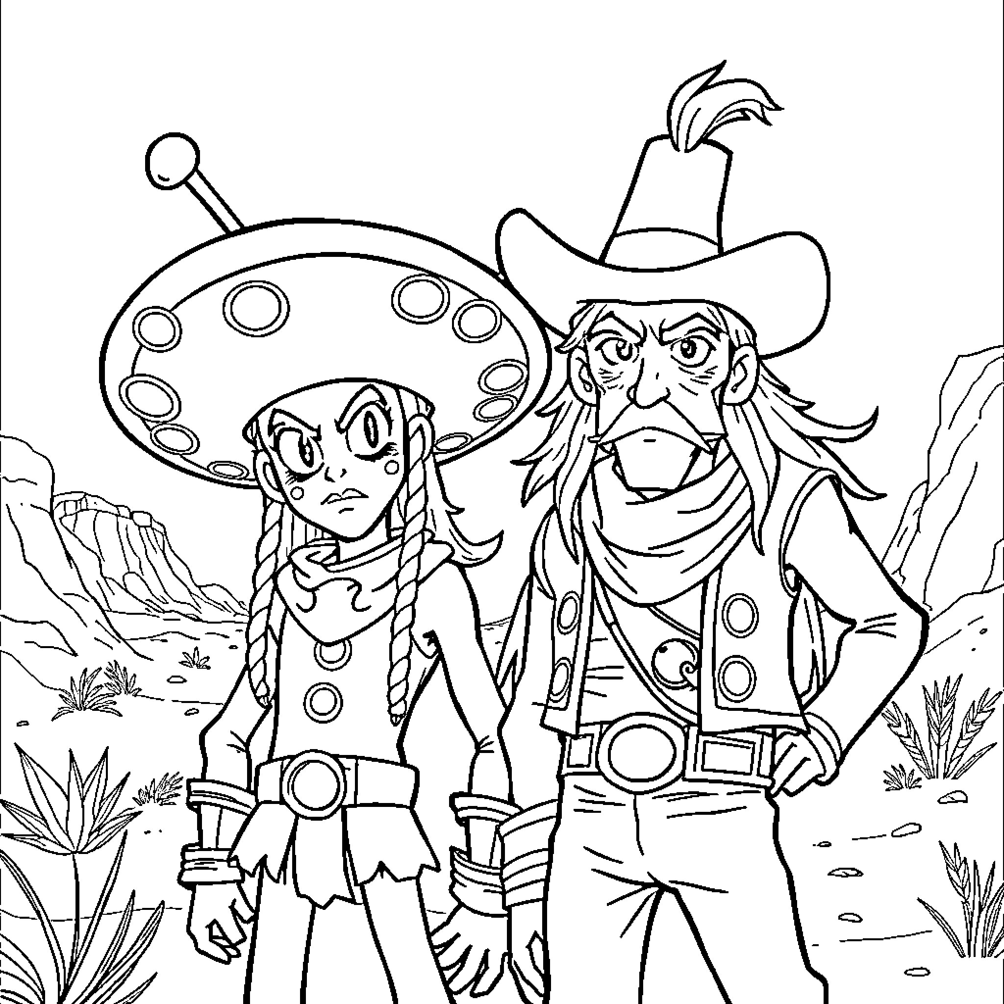 Gyro Zeppeli and Johnny Joestar in the Desert Landscape Coloring Page (free black-and-white line drawing printable PDF for all, from beginners to advanced learners, including children, teens, adults, and seniors)
