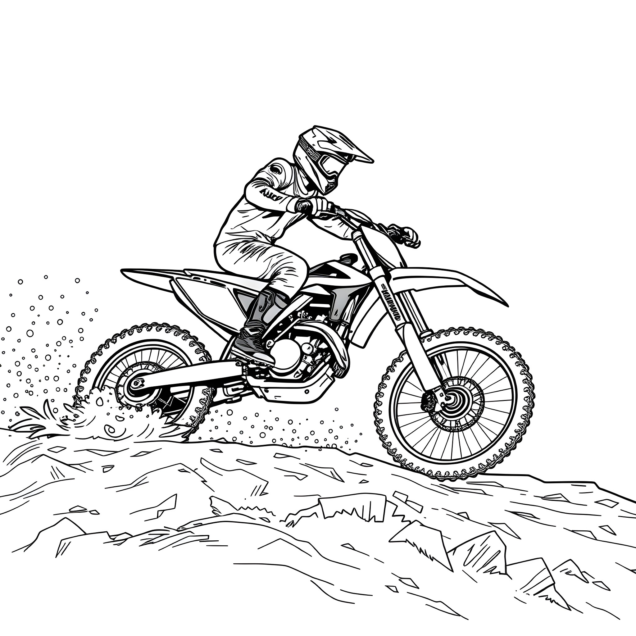Motocross Bike Speeding Through Rugged Terrain Coloring Page (free black-and-white line drawing printable PDF for all, from beginners to advanced learners, including children, teens, adults, and seniors)