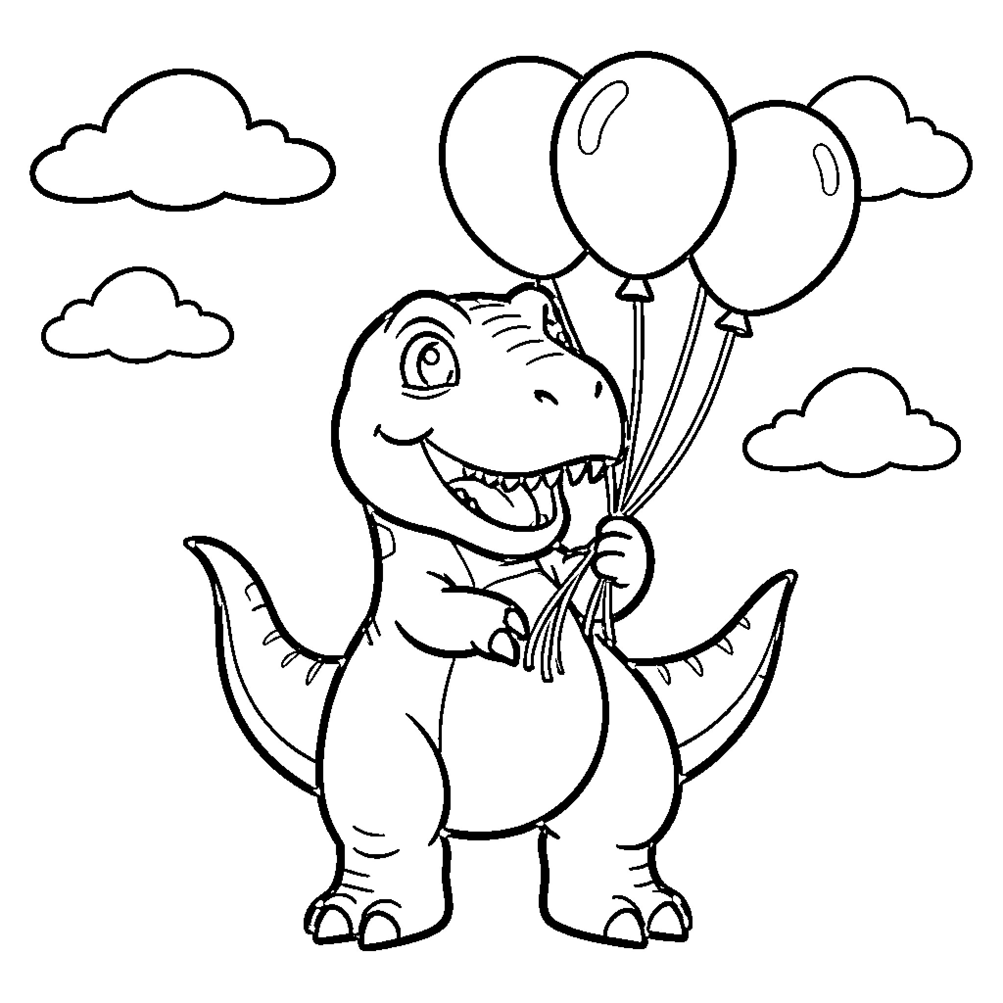 T-Rex smiling while holding a bunch of balloons Coloring Page (free black-and-white line drawing printable PDF for all, from beginners to advanced learners, including children, teens, adults, and seniors)