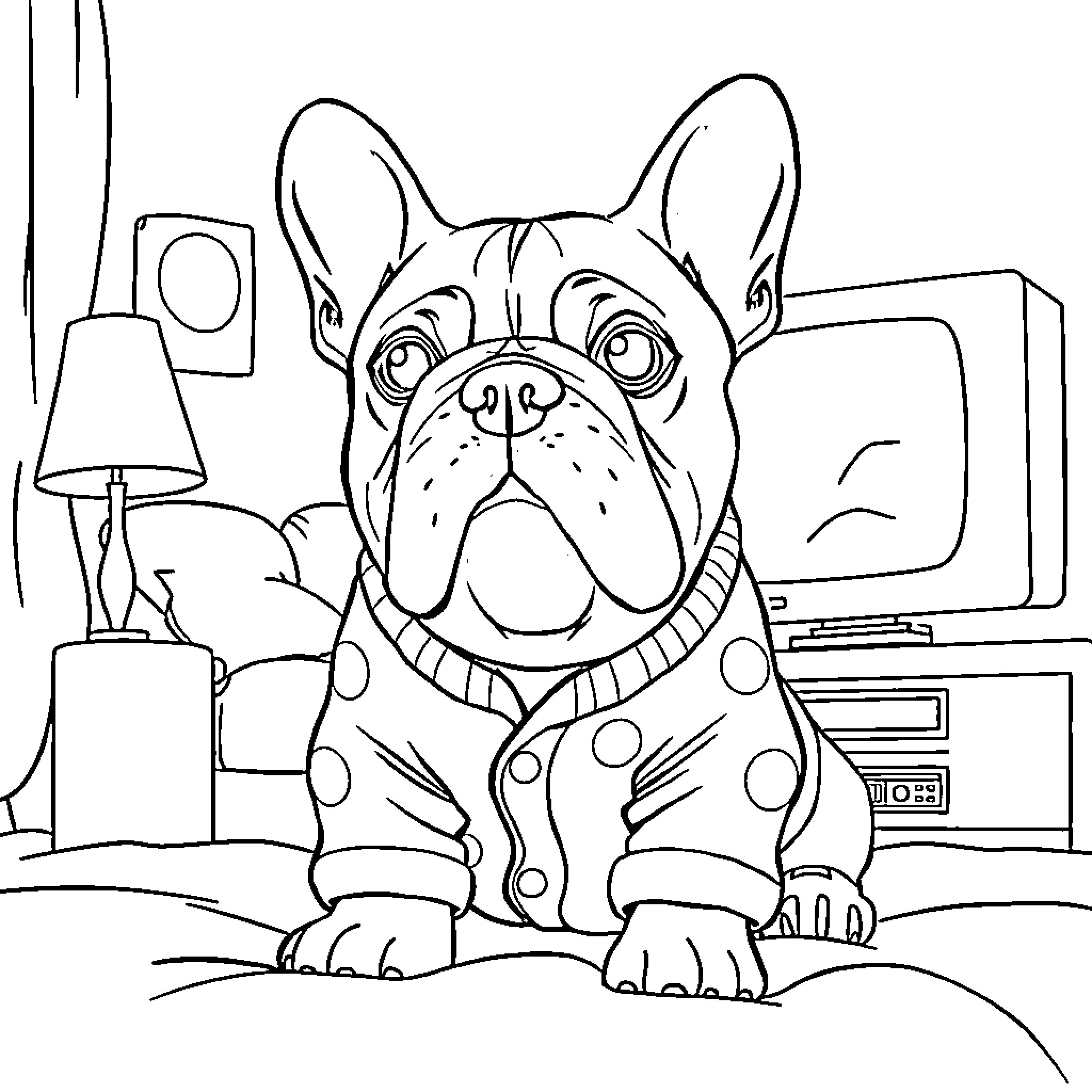 Bulldog wearing a polka dot outfit in a room Coloring Page (free black-and-white line drawing printable PDF for all, from beginners to advanced learners, including children, teens, adults, and seniors)