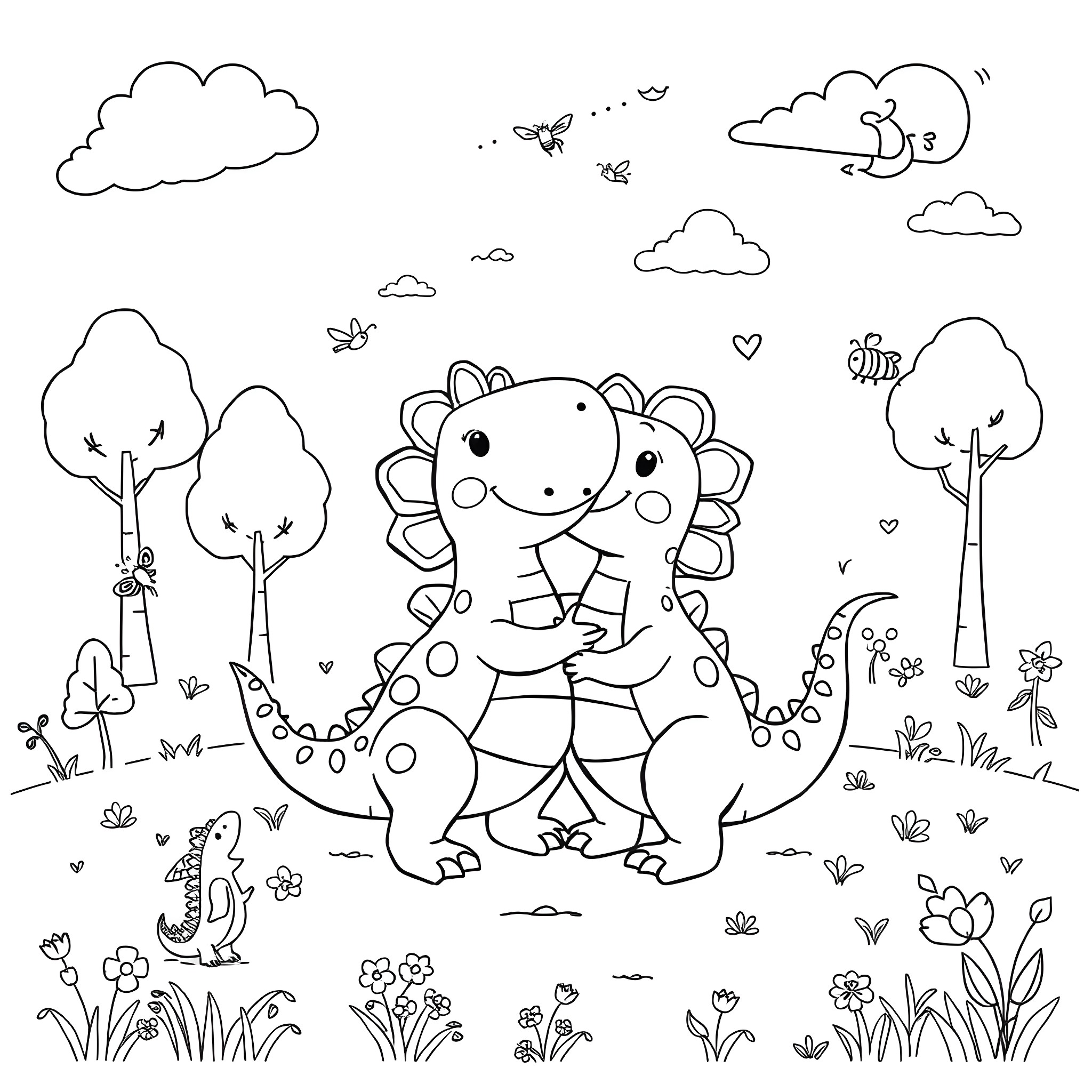 Dinosaur playing happily in a peaceful forest scene Coloring Page (free black-and-white line drawing printable PDF for all, from beginners to advanced learners, including children, teens, adults, and seniors)