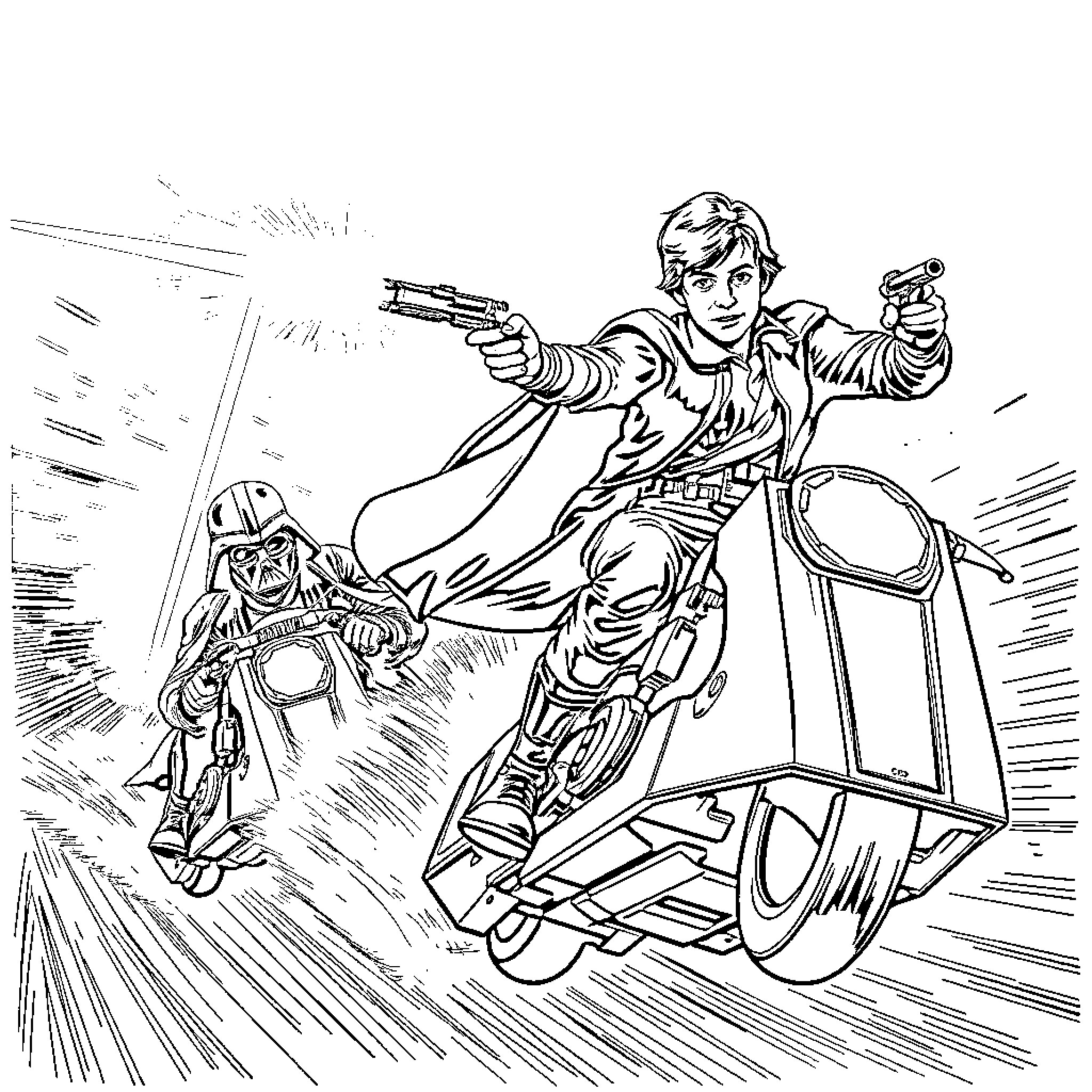 Han Solo escaping from Darth Vader in high-speed chase Coloring Page (free black-and-white line drawing printable PDF for all, from beginners to advanced learners, including children, teens, adults, and seniors)