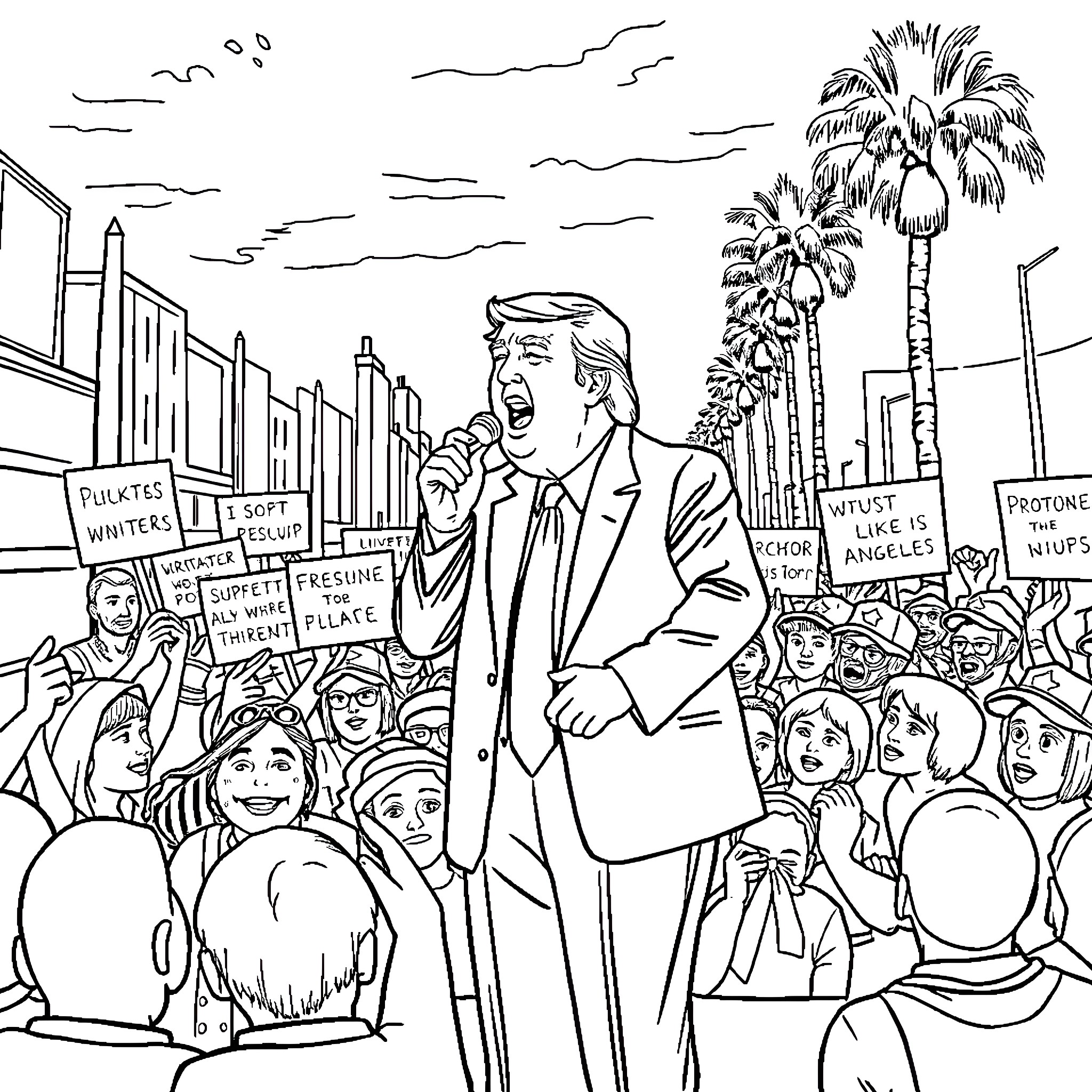 President Trump Addressing a Crowd at a Rally Coloring Page (free black-and-white line drawing printable PDF for all, from beginners to advanced learners, including children, teens, adults, and seniors)