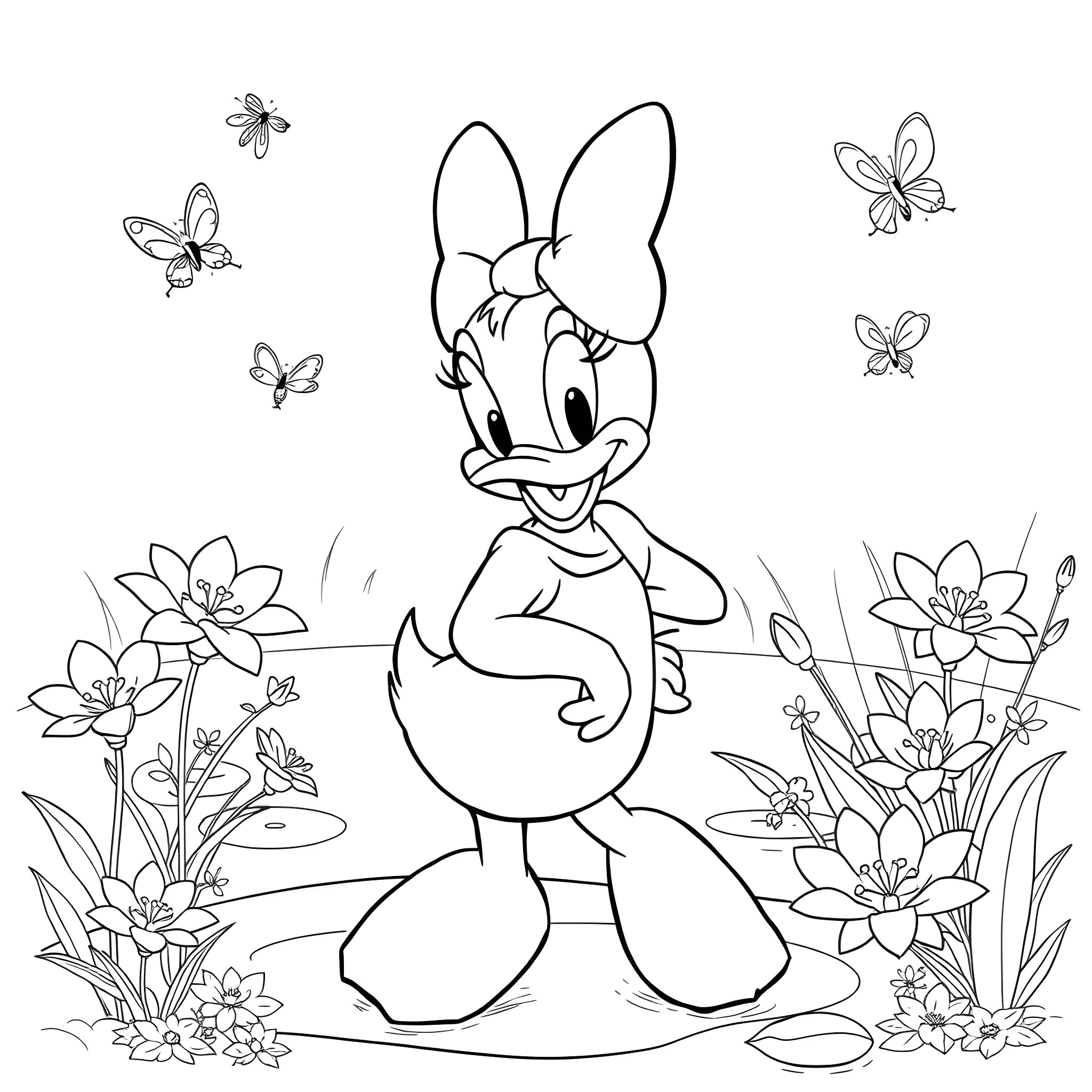 Daisy Duck surrounded by butterflies and flowers Coloring Page (free black-and-white line drawing printable PDF for all, from beginners to advanced learners, including children, teens, adults, and seniors)