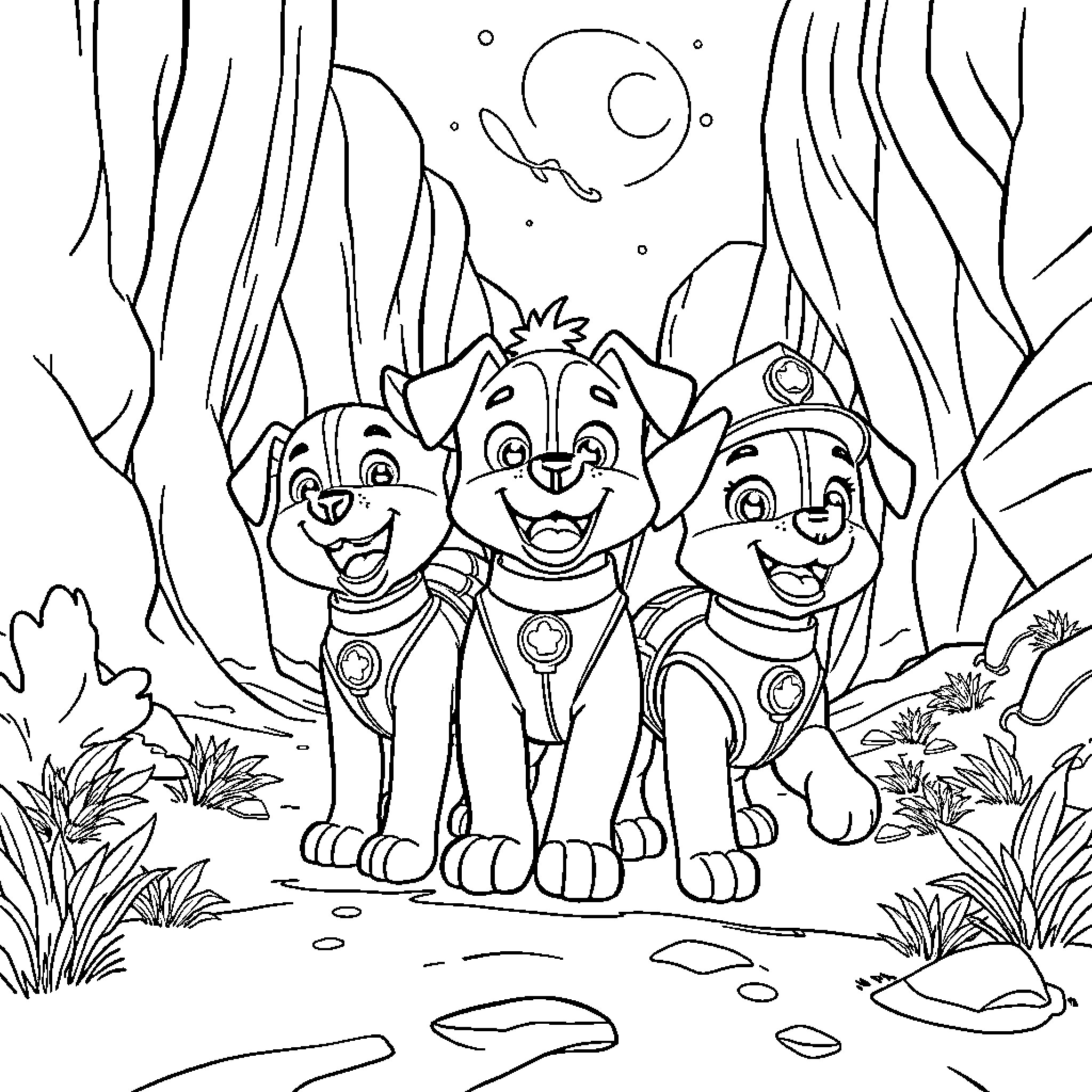 Paw Patrol team exploring the forest Coloring Page (free black-and-white line drawing printable PDF for all, from beginners to advanced learners, including children, teens, adults, and seniors)
