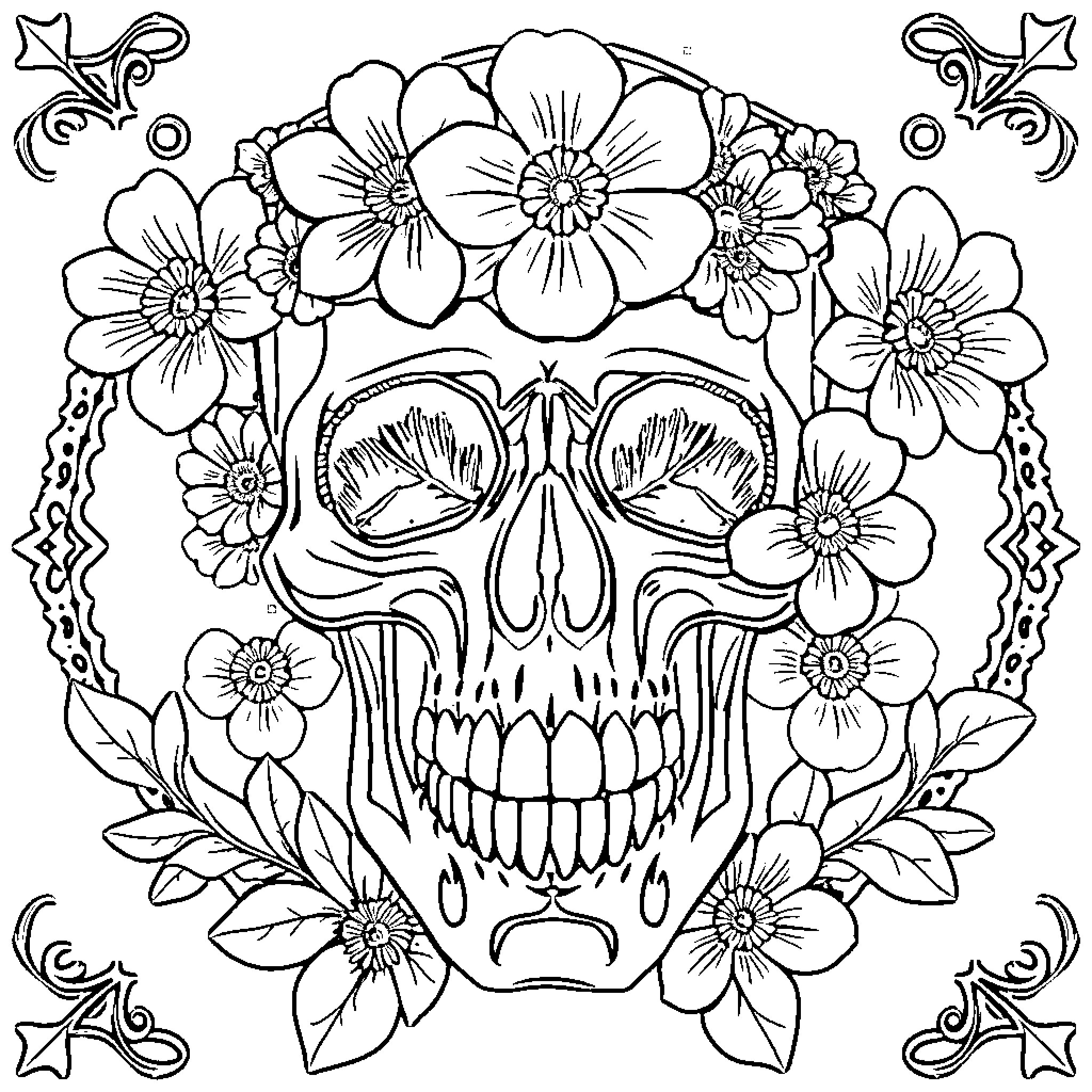 Skull adorned with floral patterns Coloring Page (free black-and-white line drawing printable PDF for all, from beginners to advanced learners, including children, teens, adults, and seniors)