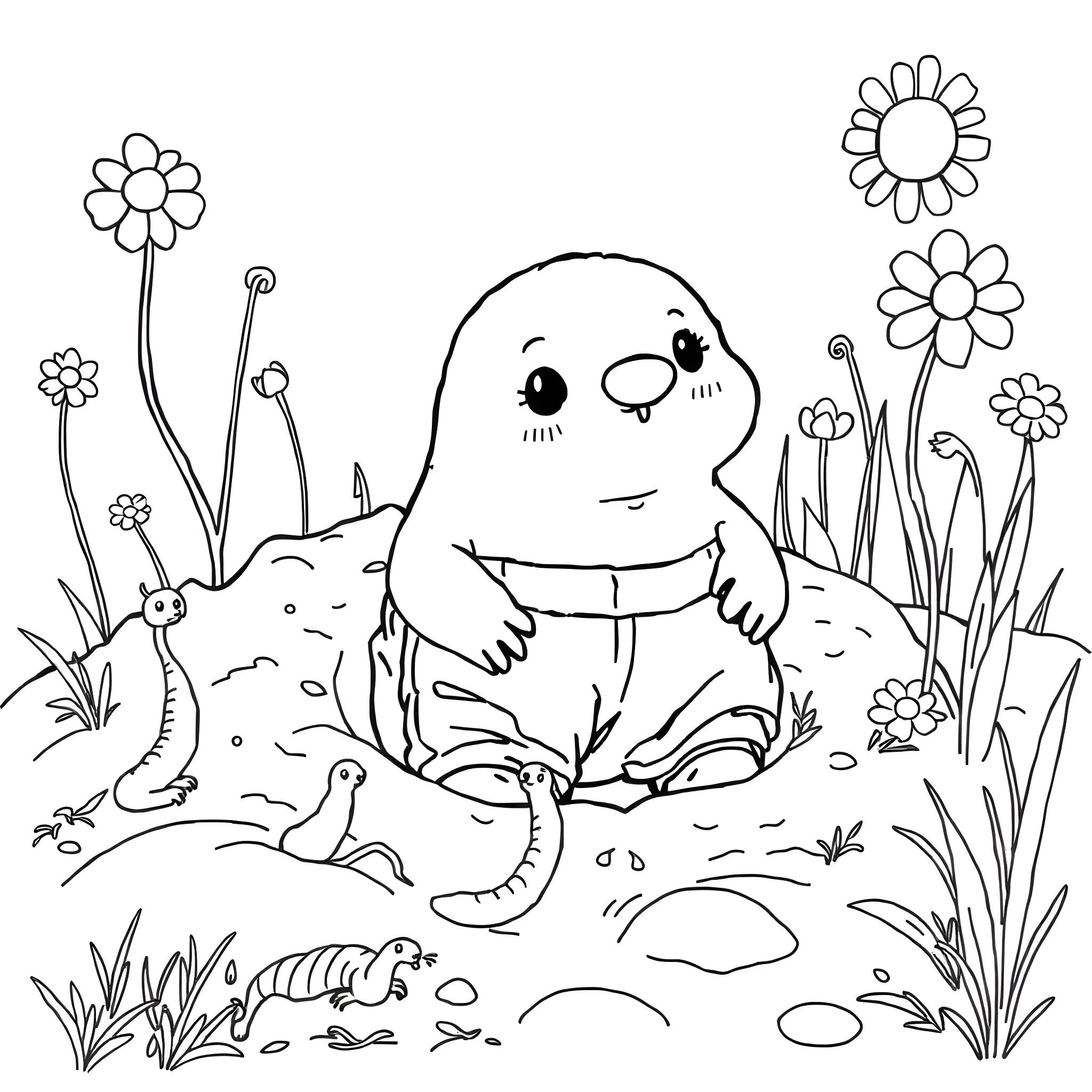 Mole and friends enjoying the flowers Coloring Page (free black-and-white line drawing printable PDF for all, from beginners to advanced learners, including children, teens, adults, and seniors)