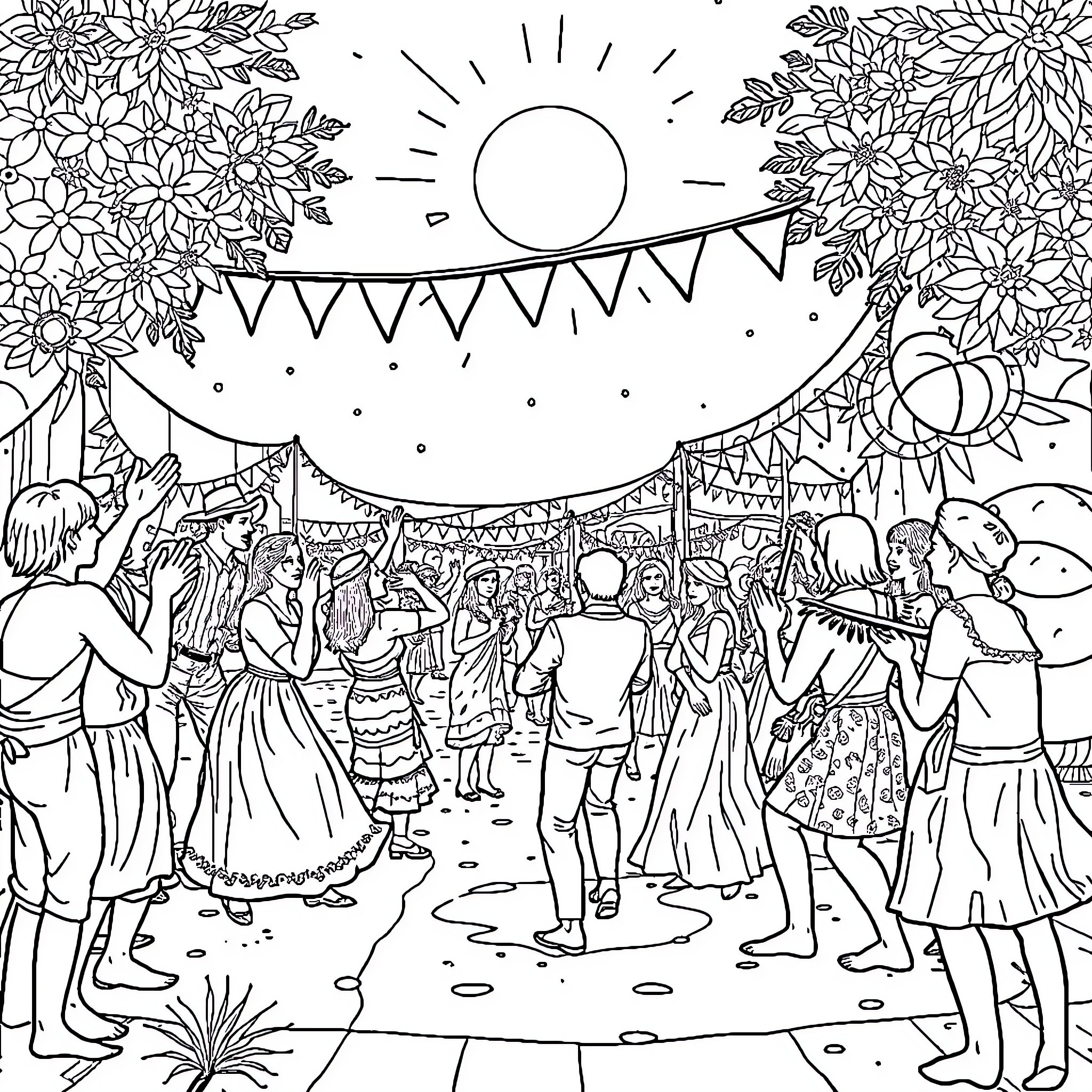 Alegría - Festive Celebration with People Dancing Coloring Page (free black-and-white line drawing printable PDF for all, from beginners to advanced learners, including children, teens, adults, and seniors)