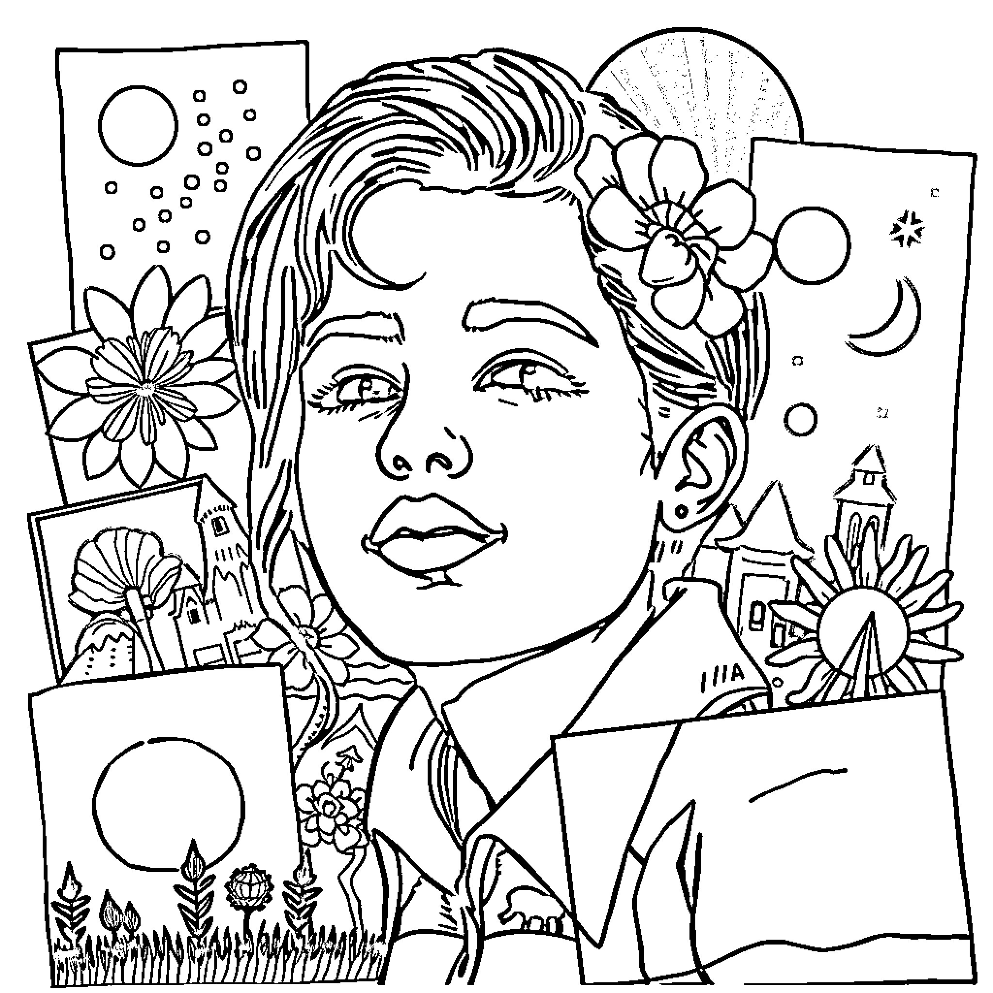 Collage of Abstract Artistic Expressions Coloring Page (free black-and-white line drawing printable PDF for all, from beginners to advanced learners, including children, teens, adults, and seniors)