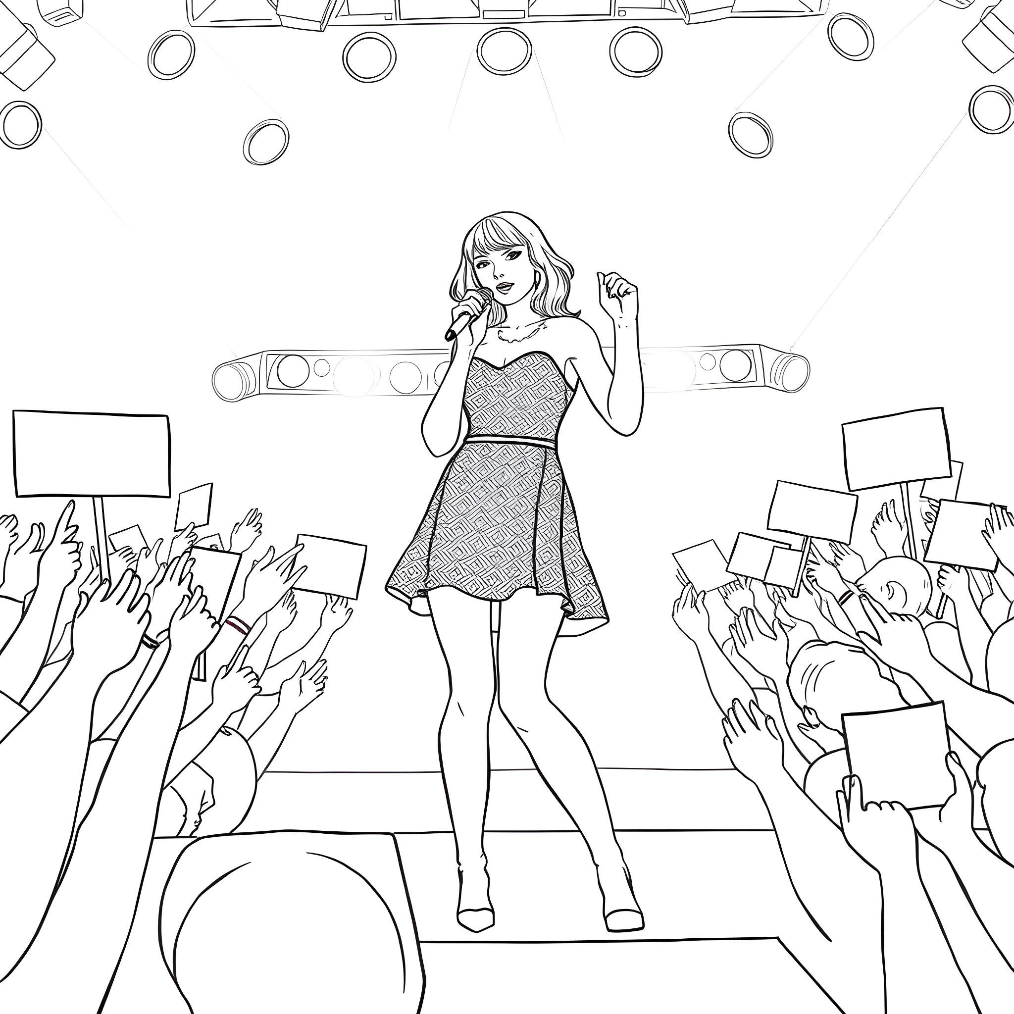Taylor Swift's Energetic Stage Performance Coloring Page (free black-and-white line drawing printable PDF for all, from beginners to advanced learners, including children, teens, adults, and seniors)