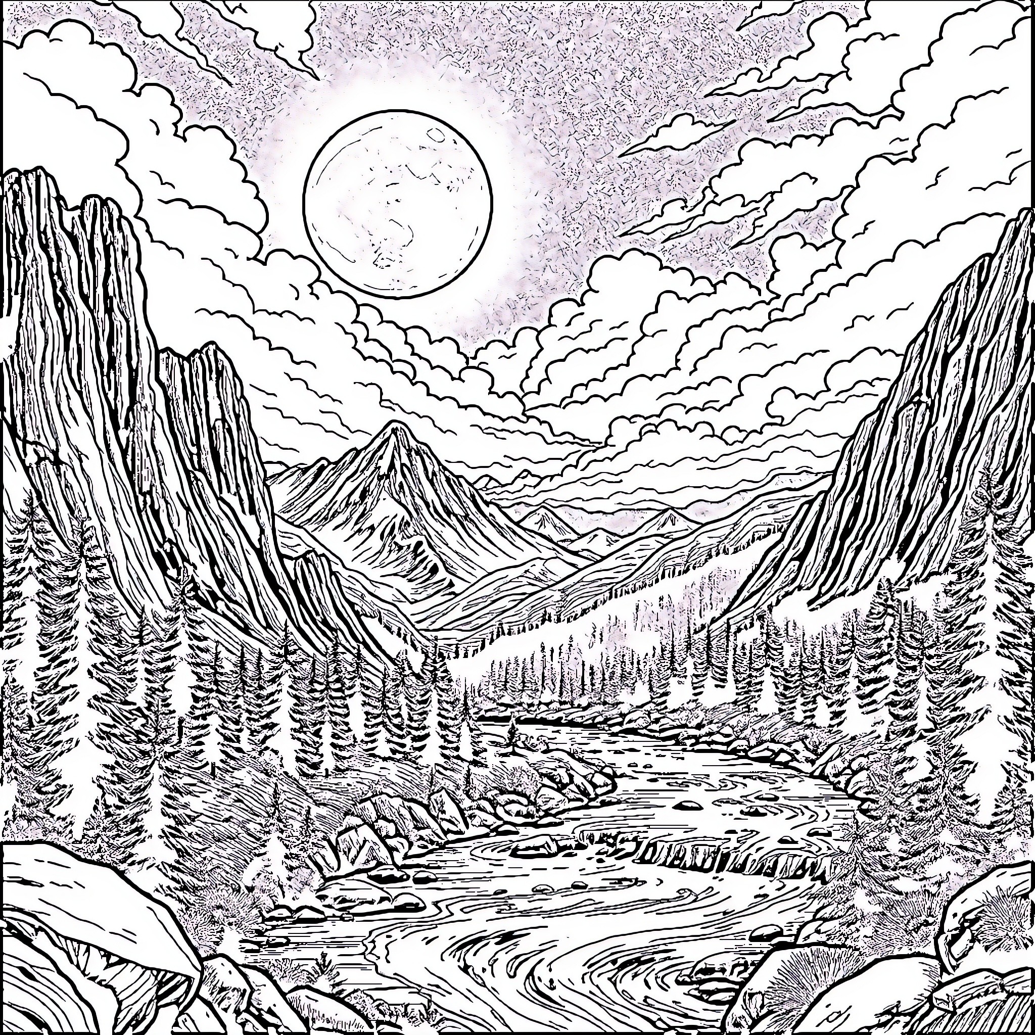 Mountain landscape under a luminous moon Coloring Page (free black-and-white line drawing printable PDF for all, from beginners to advanced learners, including children, teens, adults, and seniors)