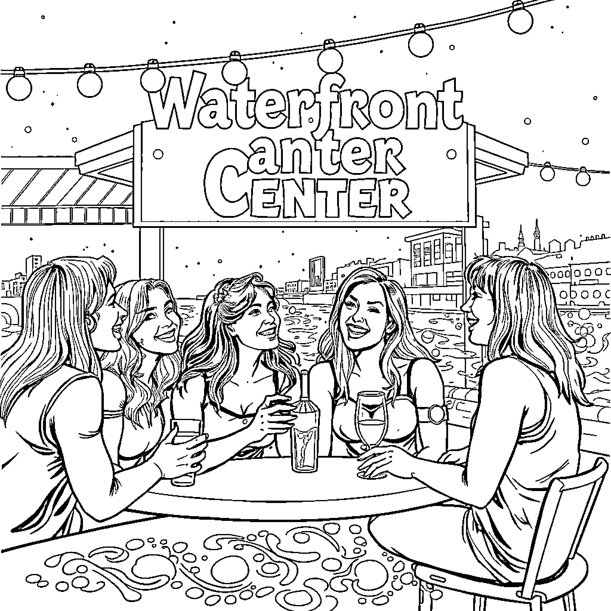Friend enjoying drinks with friends at the Waterfront Center Coloring Page (free black-and-white line drawing printable PDF for all, from beginners to advanced learners, including children, teens, adults, and seniors)