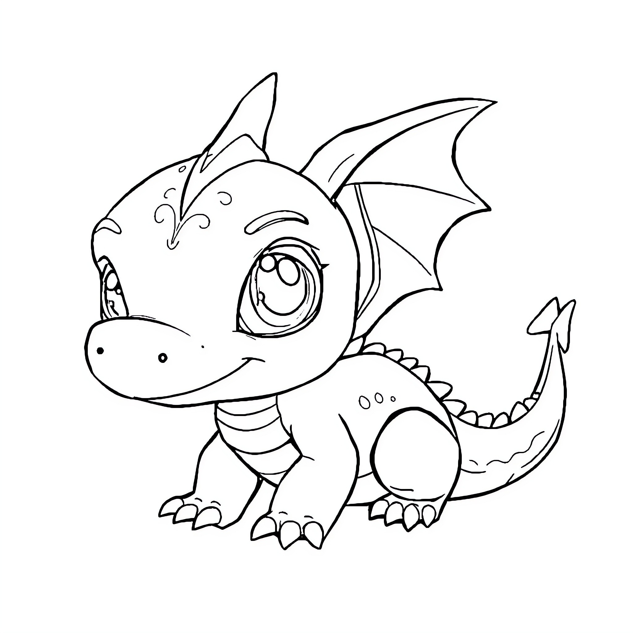 Baby Dragon playing and exploring Coloring Page (free black-and-white line drawing printable PDF for all, from beginners to advanced learners, including children, teens, adults, and seniors)